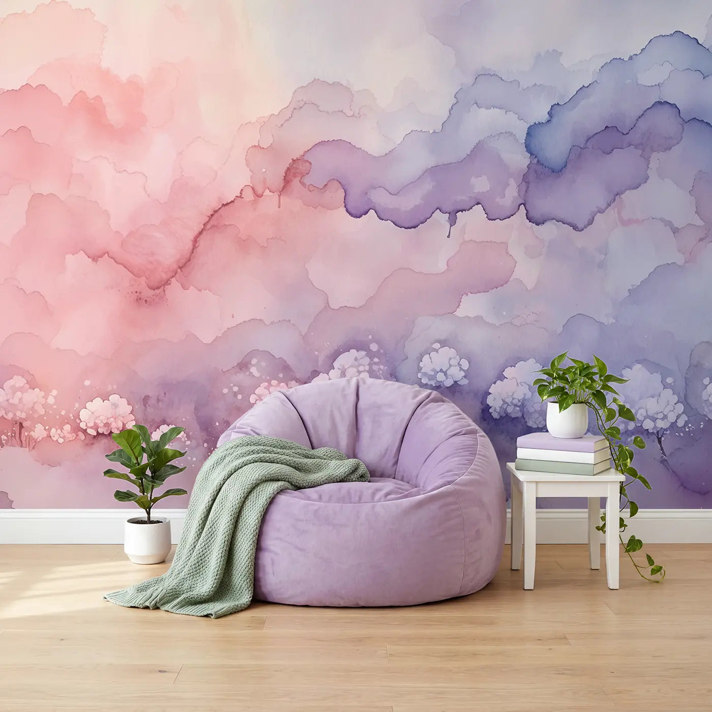 Blush to Lavender Ombre Wallpaper Mural in playroom setting by Whimsy Tots