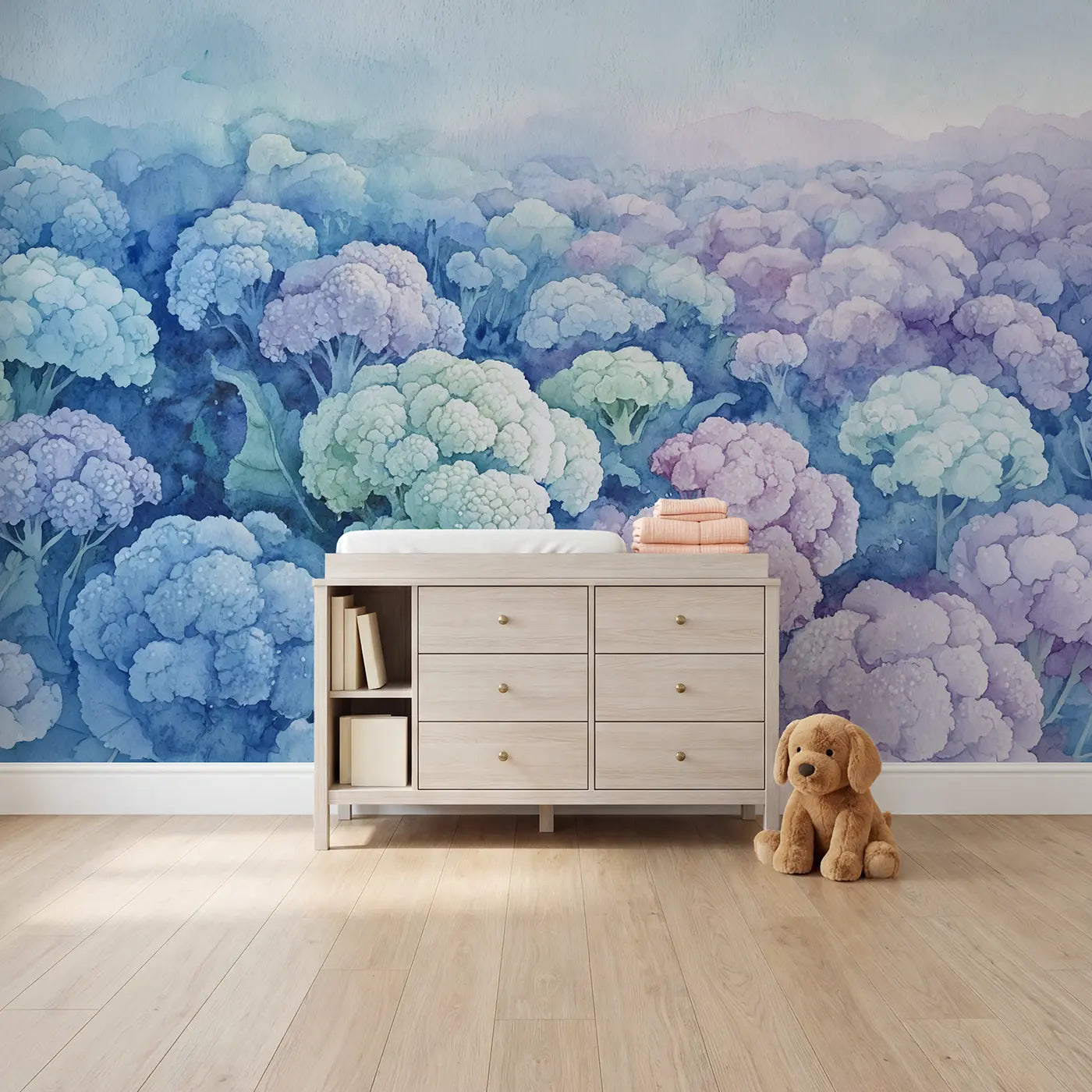 Watercolor bloom and wash wallpaper mural for girls room by Whimsy Tots