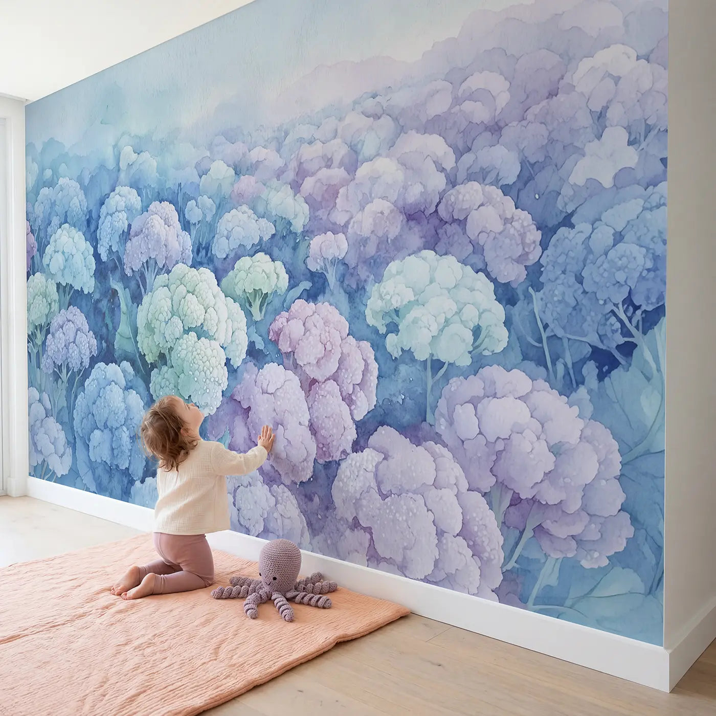 Child in nursery with Soft Pigment Bloom Abstract Wallpaper Mural by Whimsy Tots