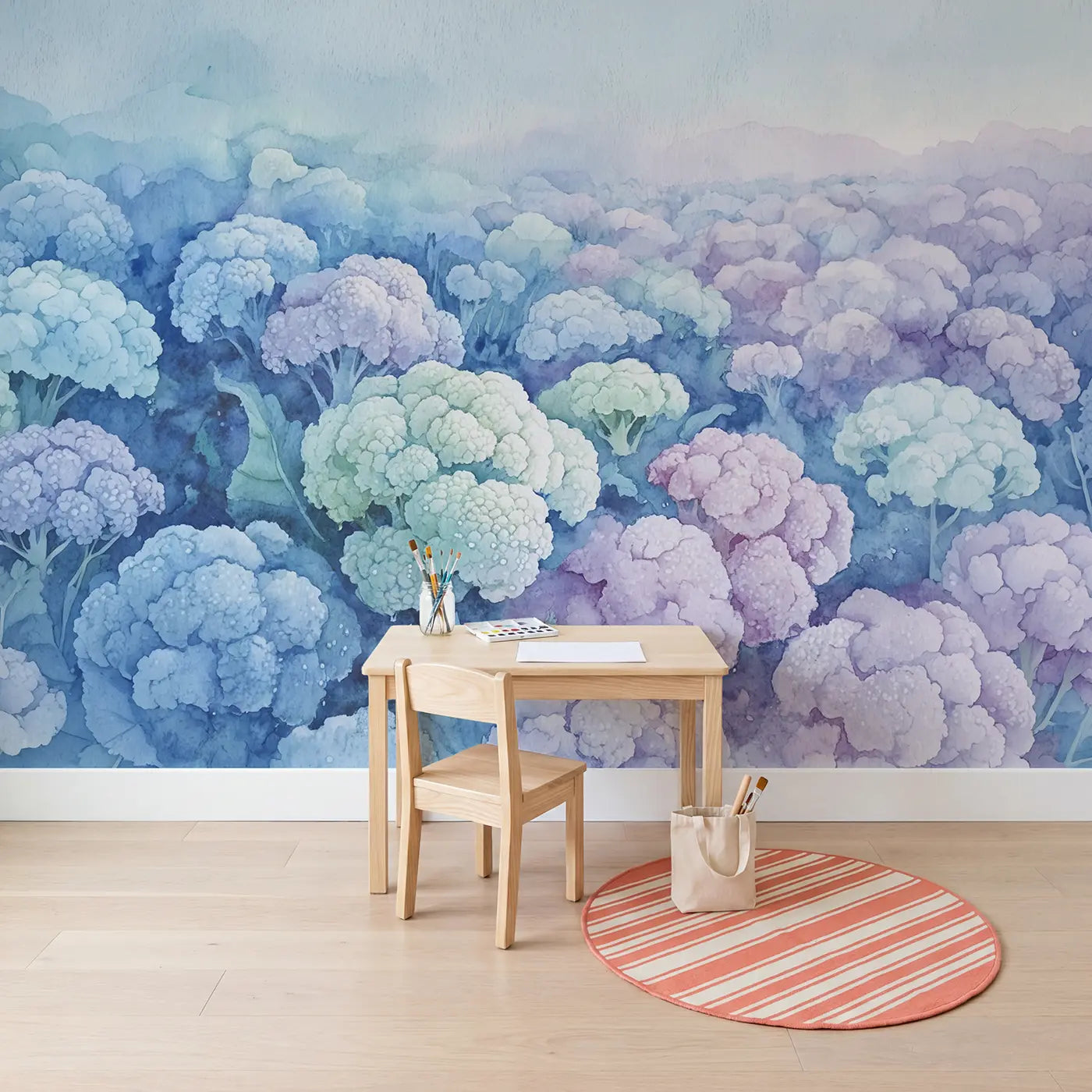 Soft Pigment Bloom Abstract Wallpaper Mural in playroom setting by Whimsy Tots
