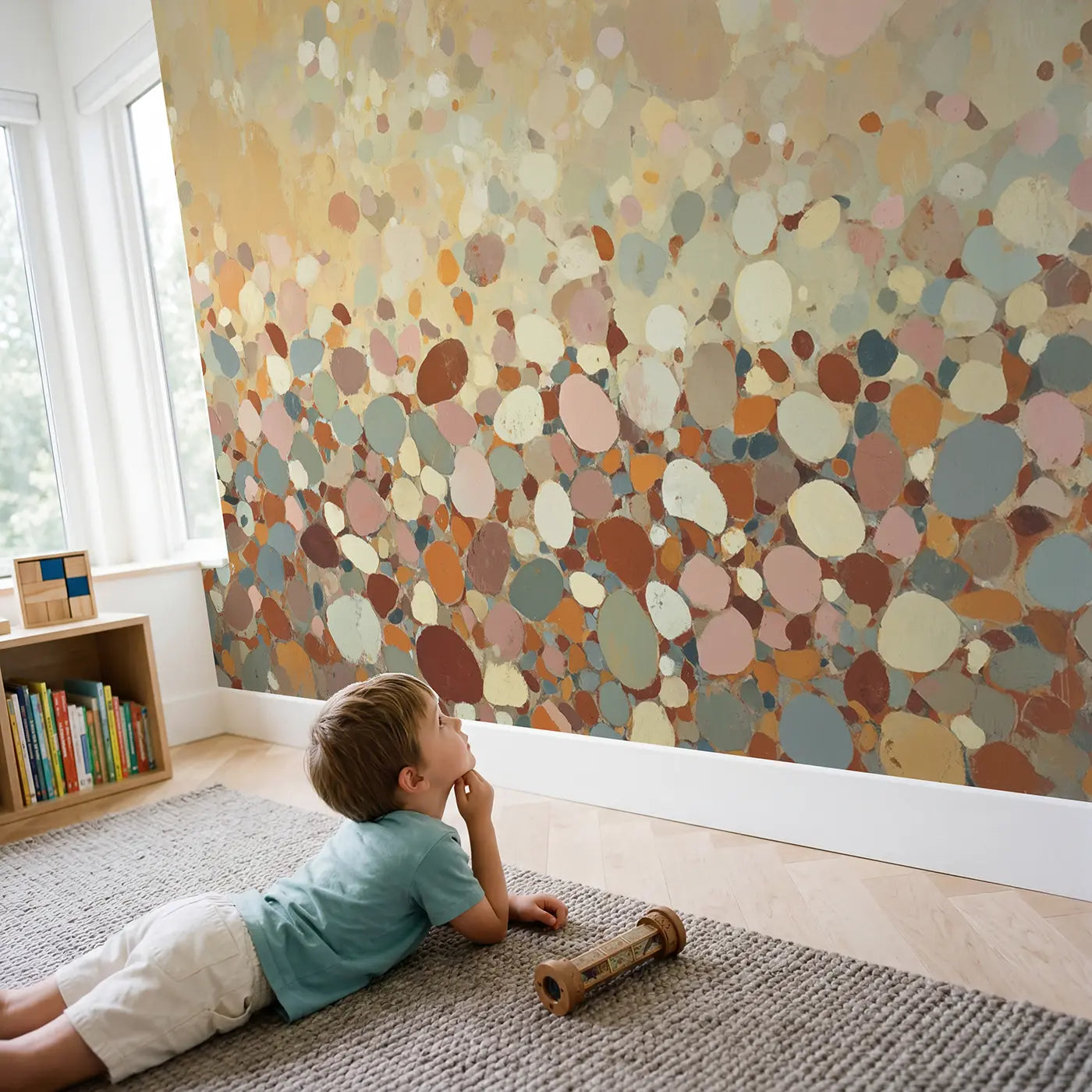 Child in nursery with Soft Terrazzo Confetti Wallpaper Mural by Whimsy Tots