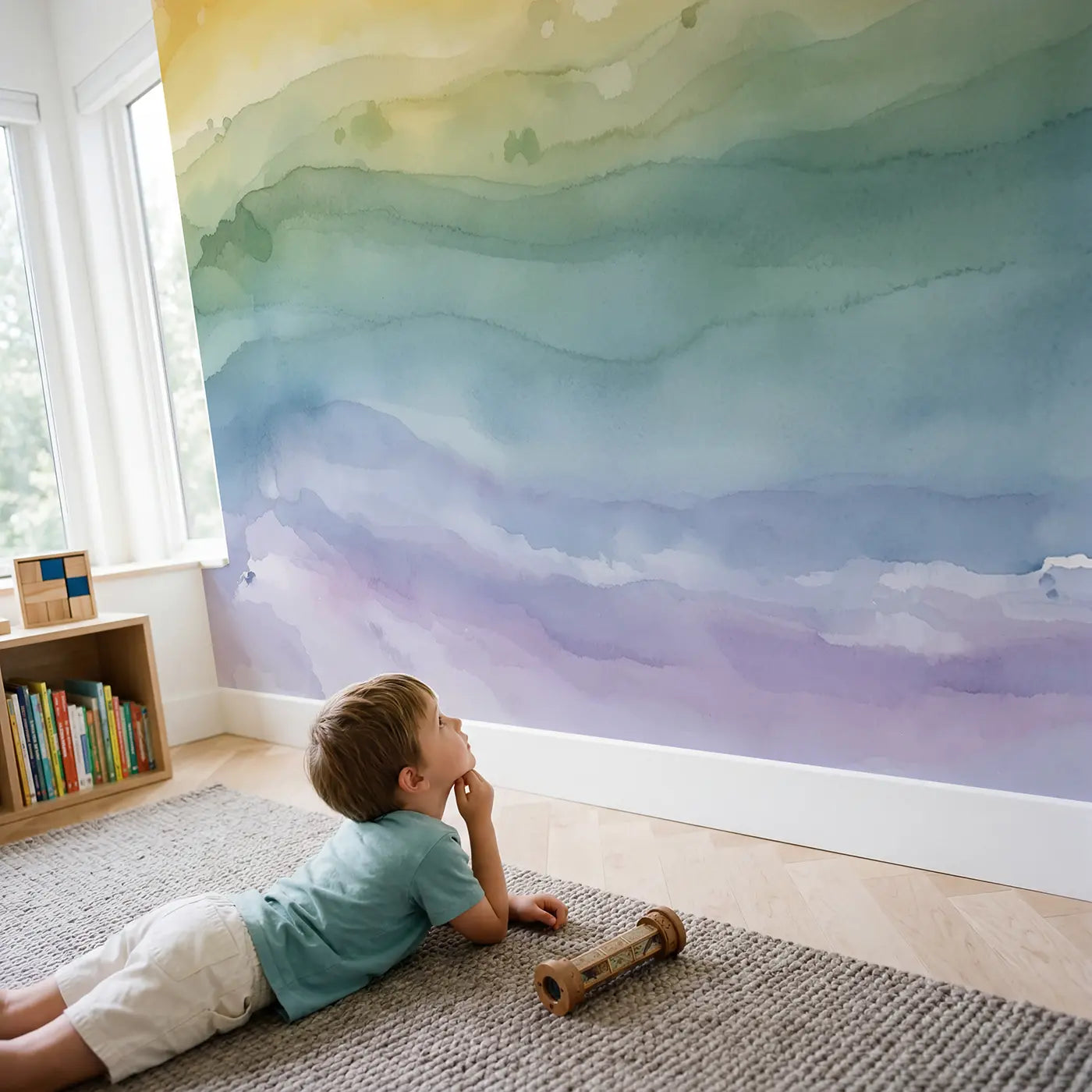 Child in nursery with Rainbow Ombre Wash Wallpaper Mural by Whimsy Tots