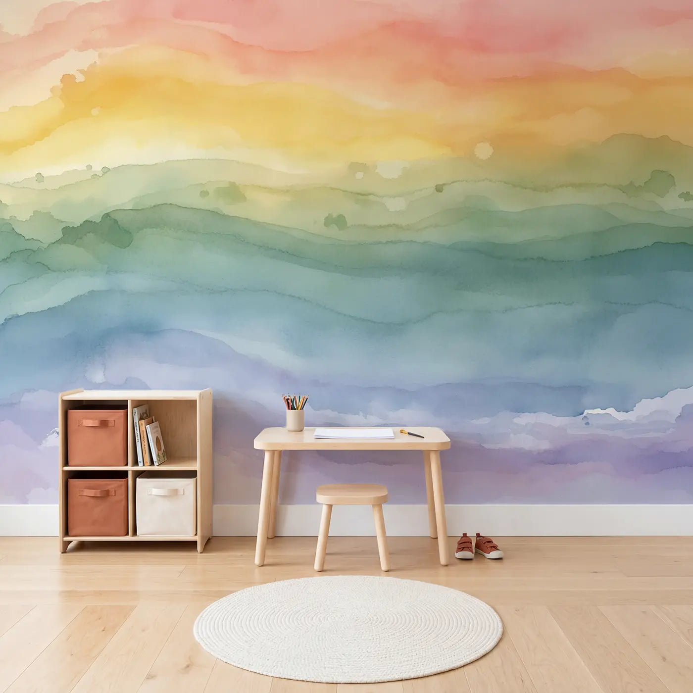 Rainbow Ombre Wash Wallpaper Mural in playroom setting by Whimsy Tots
