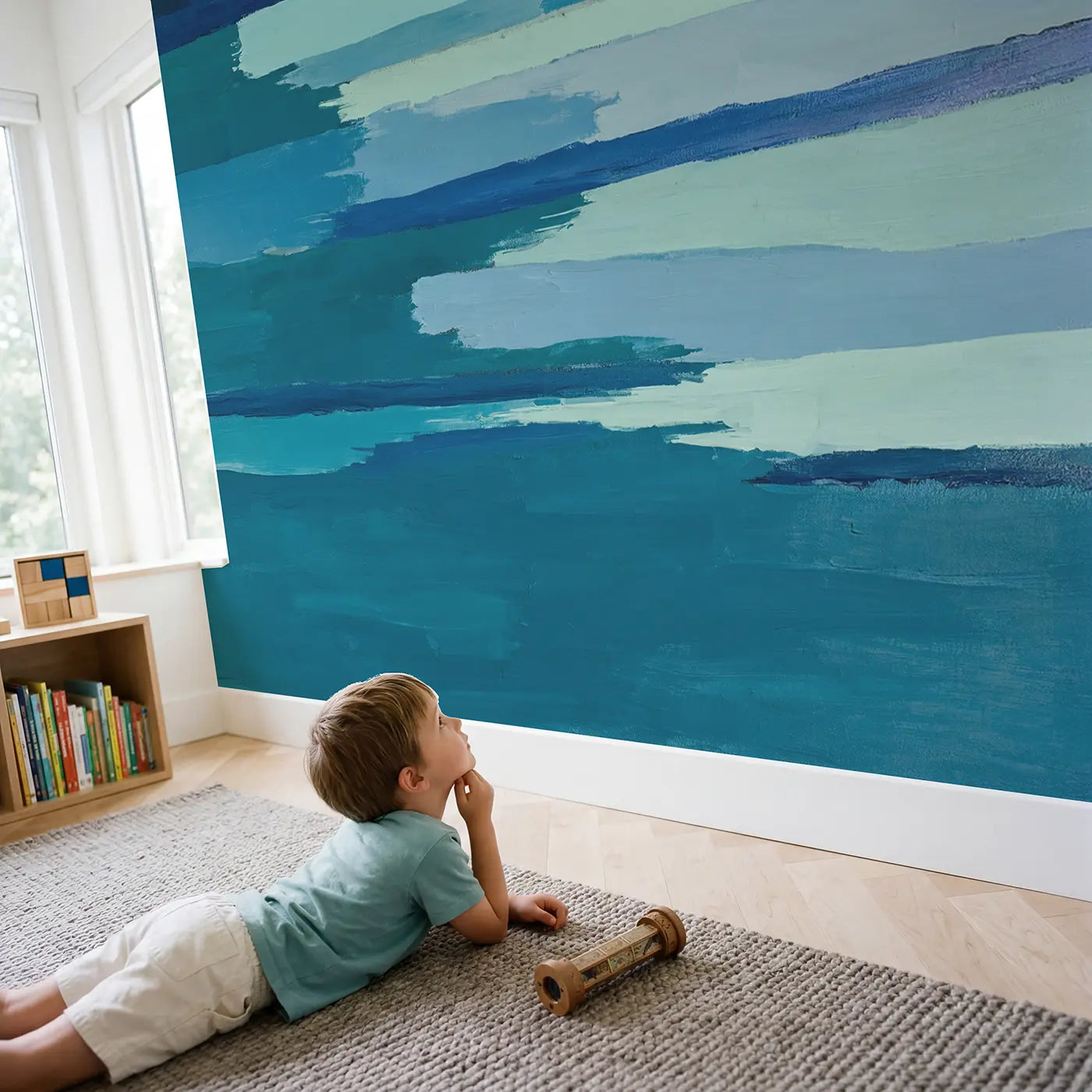 Child in nursery with Abstract Ocean Horizon Wallpaper Mural by Whimsy Tots