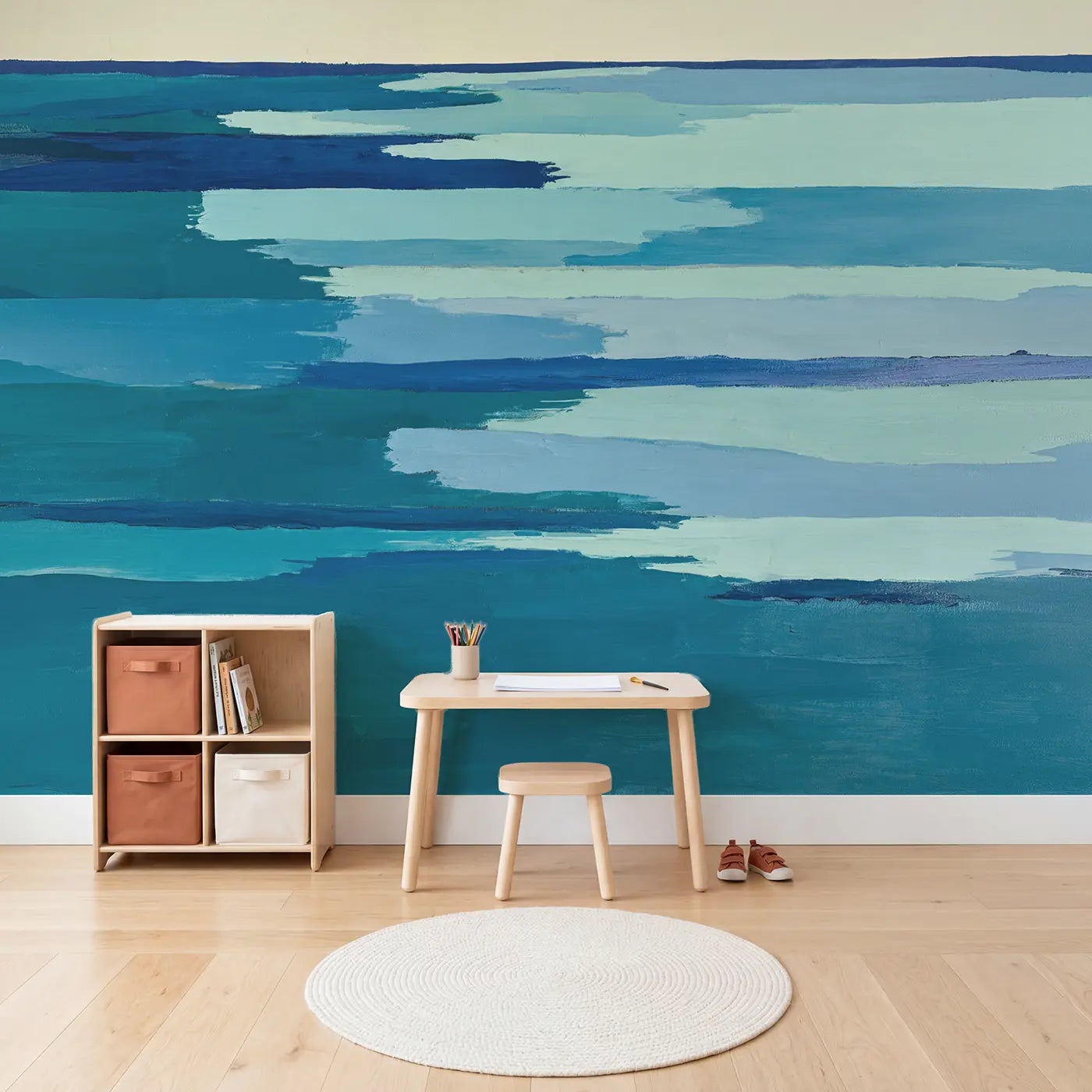 Abstract Ocean Horizon Wallpaper Mural in playroom setting by Whimsy Tots
