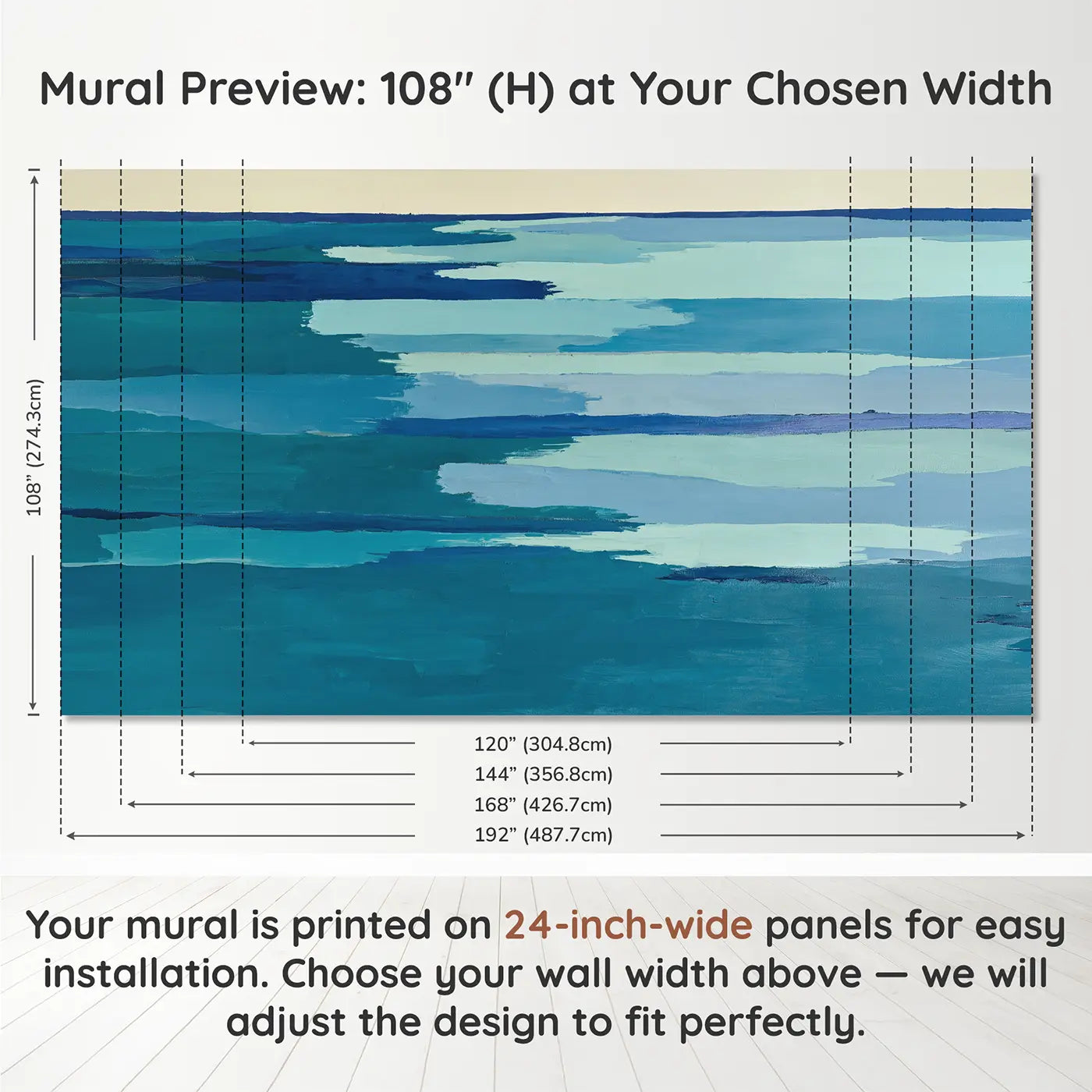 Panel layout and dimensions for Abstract Ocean Horizon Wallpaper Mural by Whimsy Tots