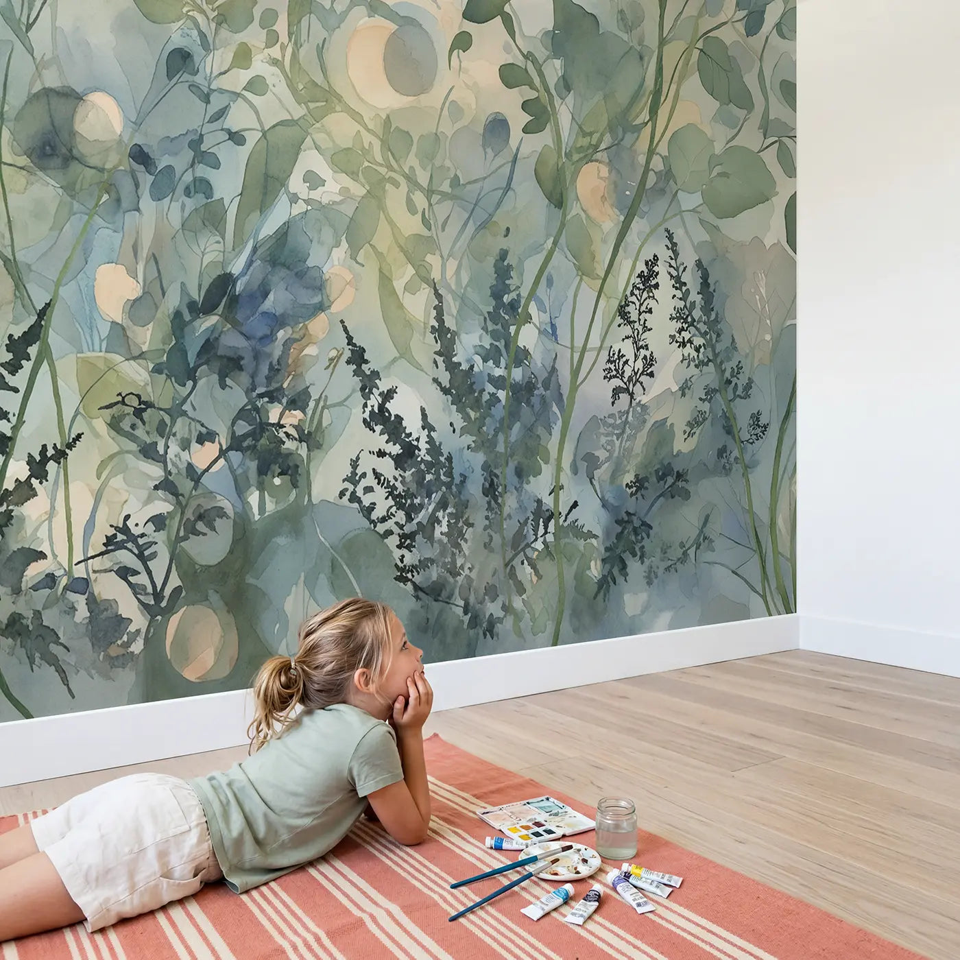 Child in nursery with Abstract Botanical Wash Wallpaper Mural by Whimsy Tots