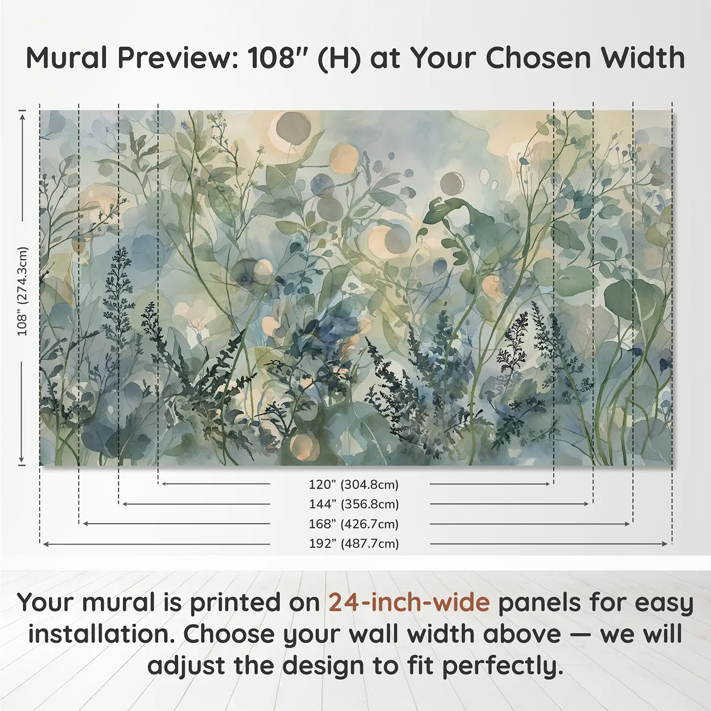 Panel layout and dimensions for Abstract Botanical Wash Wallpaper Mural by Whimsy Tots