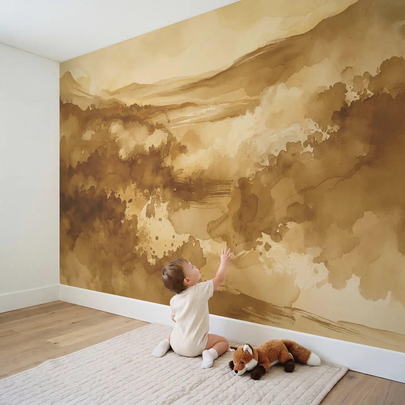 Child in nursery with Sepia Watercolor Wash Wallpaper Mural by Whimsy Tots
