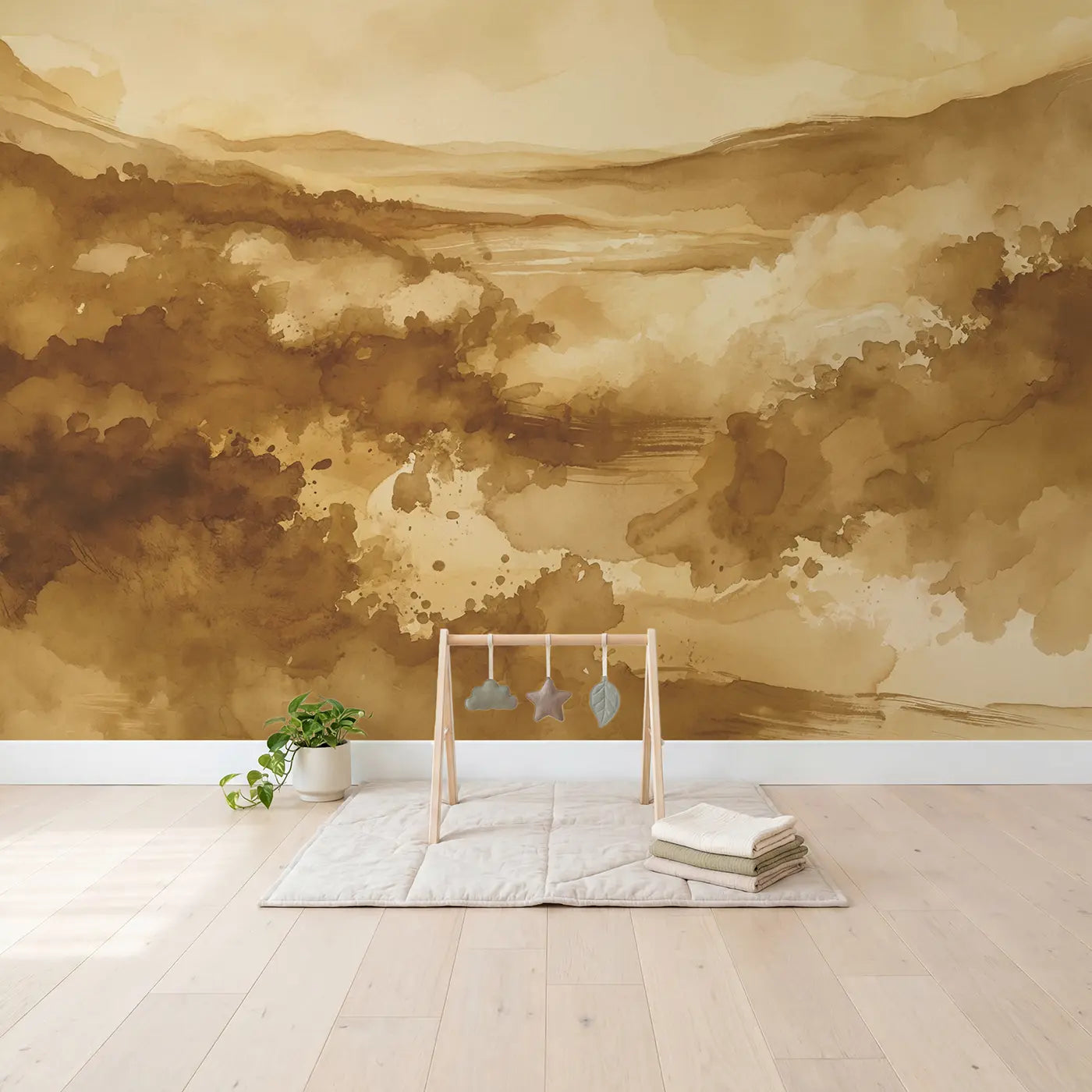 Sepia Watercolor Wash Wallpaper Mural in playroom setting by Whimsy Tots