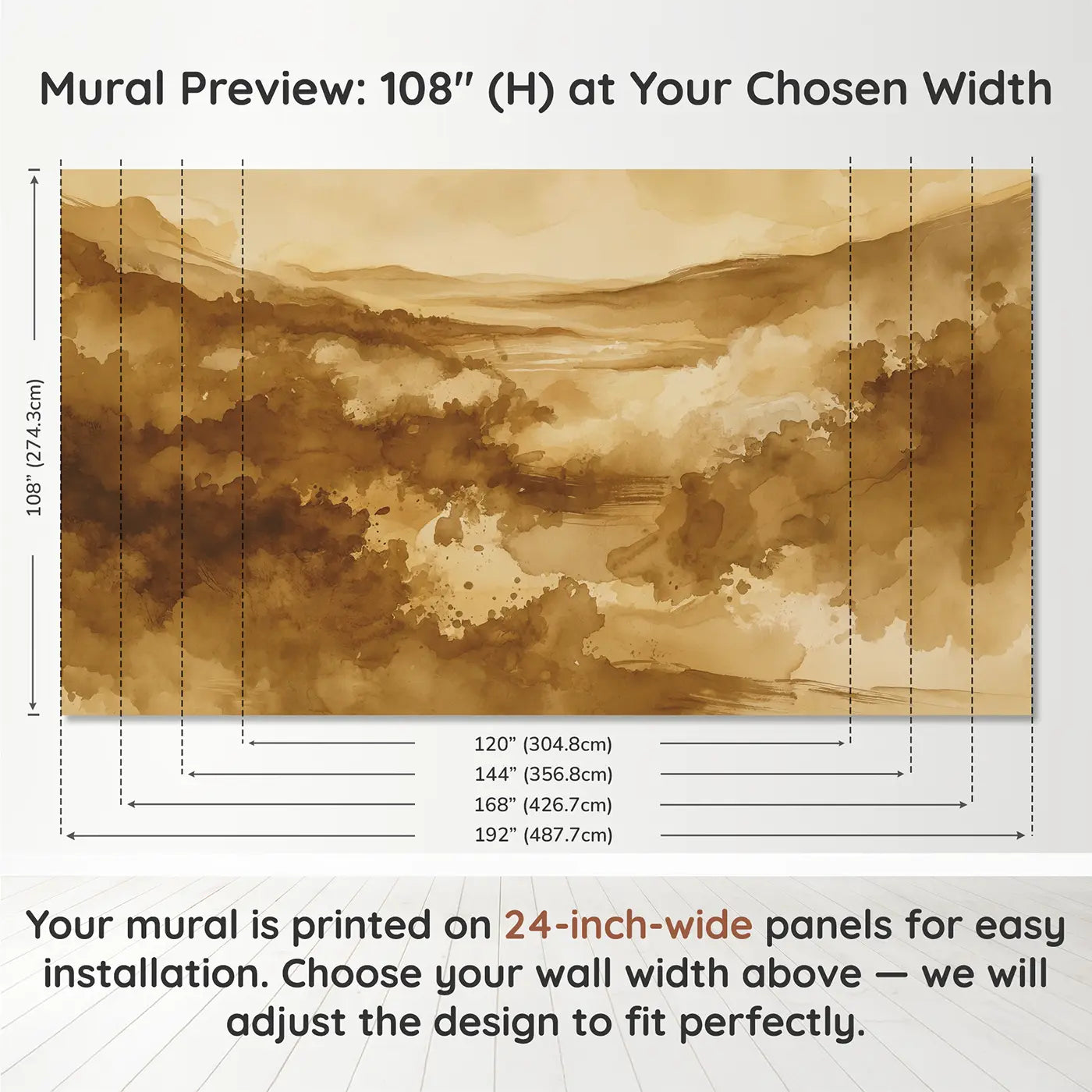 Panel layout and dimensions for Sepia Watercolor Wash Wallpaper Mural by Whimsy Tots