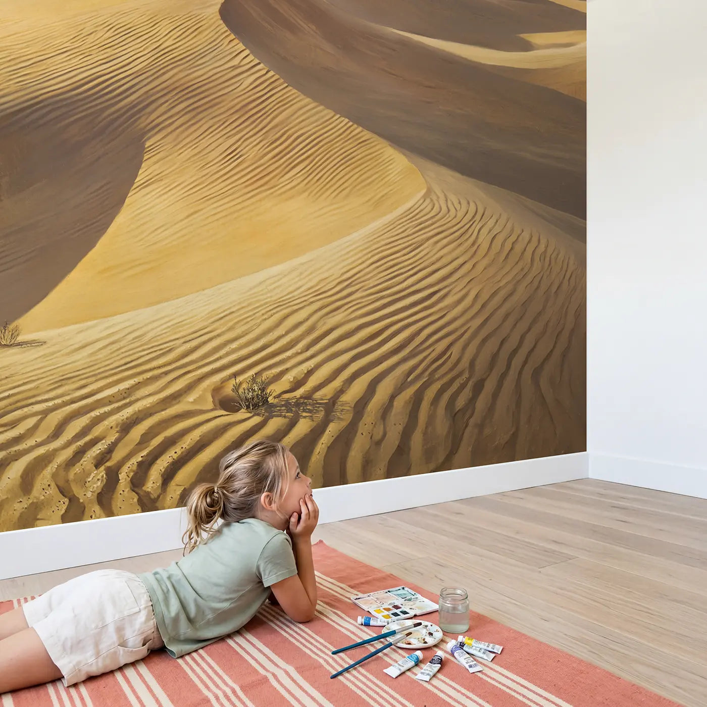 Child in nursery with Desert Sand Ripple Texture Wallpaper Mural by Whimsy Tots