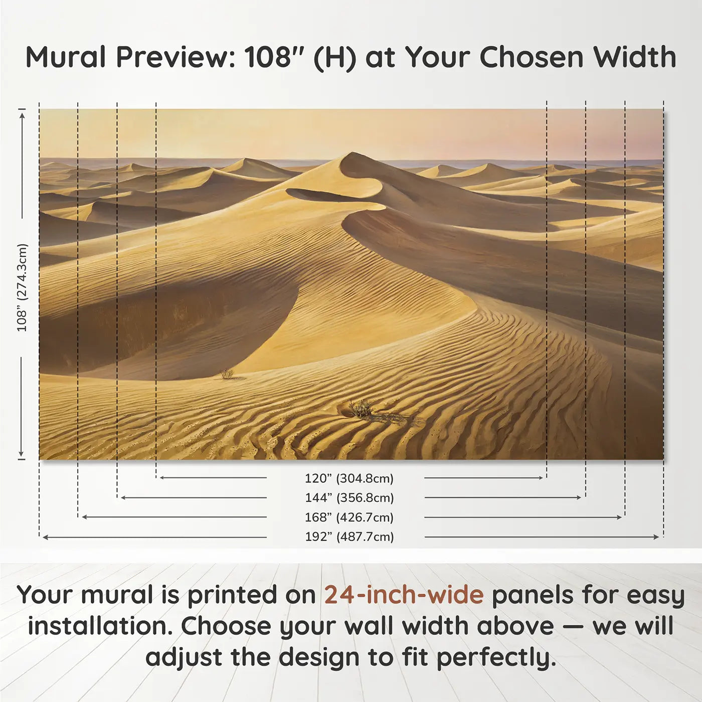 Panel layout and dimensions for Desert Sand Ripple Texture Wallpaper Mural by Whimsy Tots