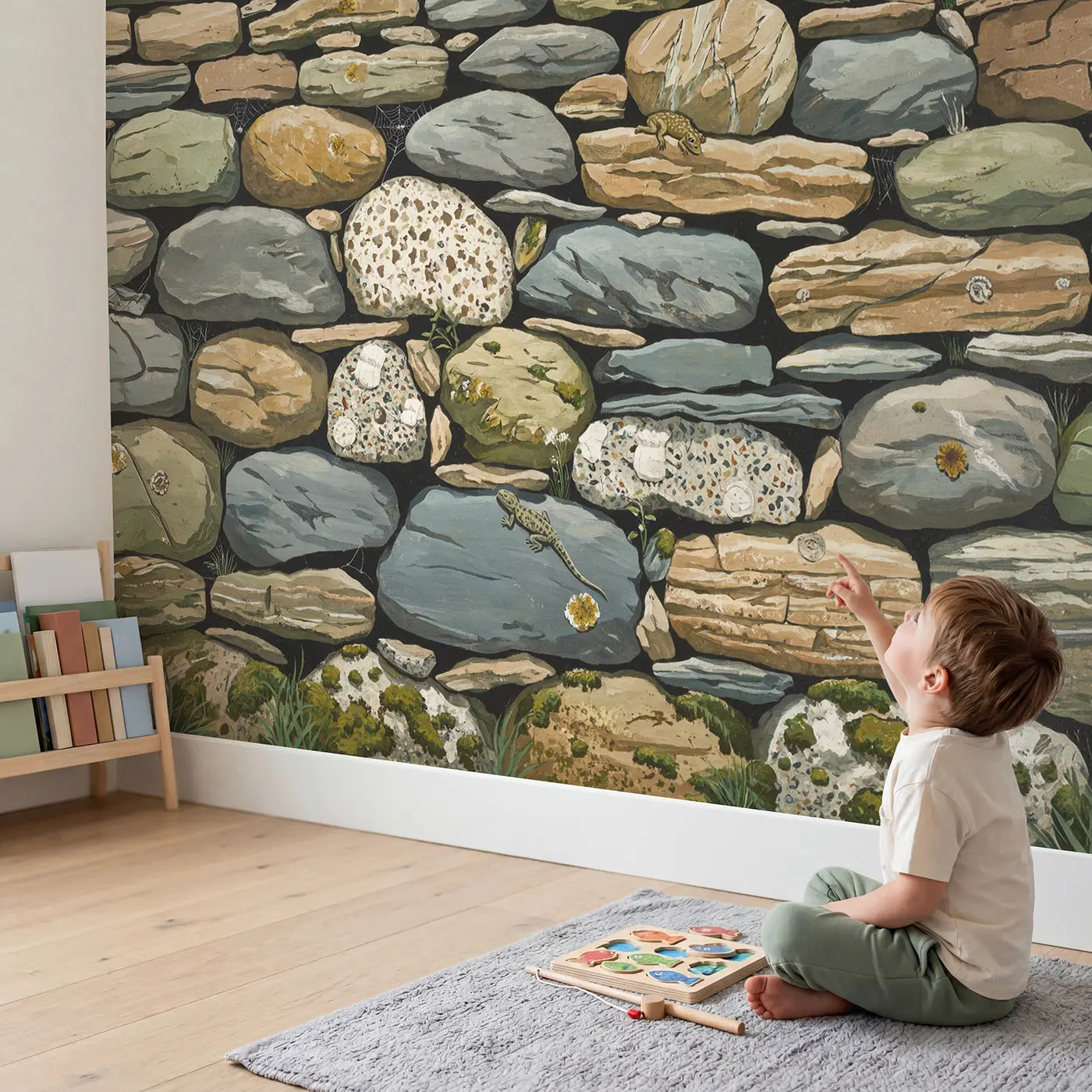 Child in nursery with Ancient Stone Wall Geological Wallpaper Mural by Whimsy Tots