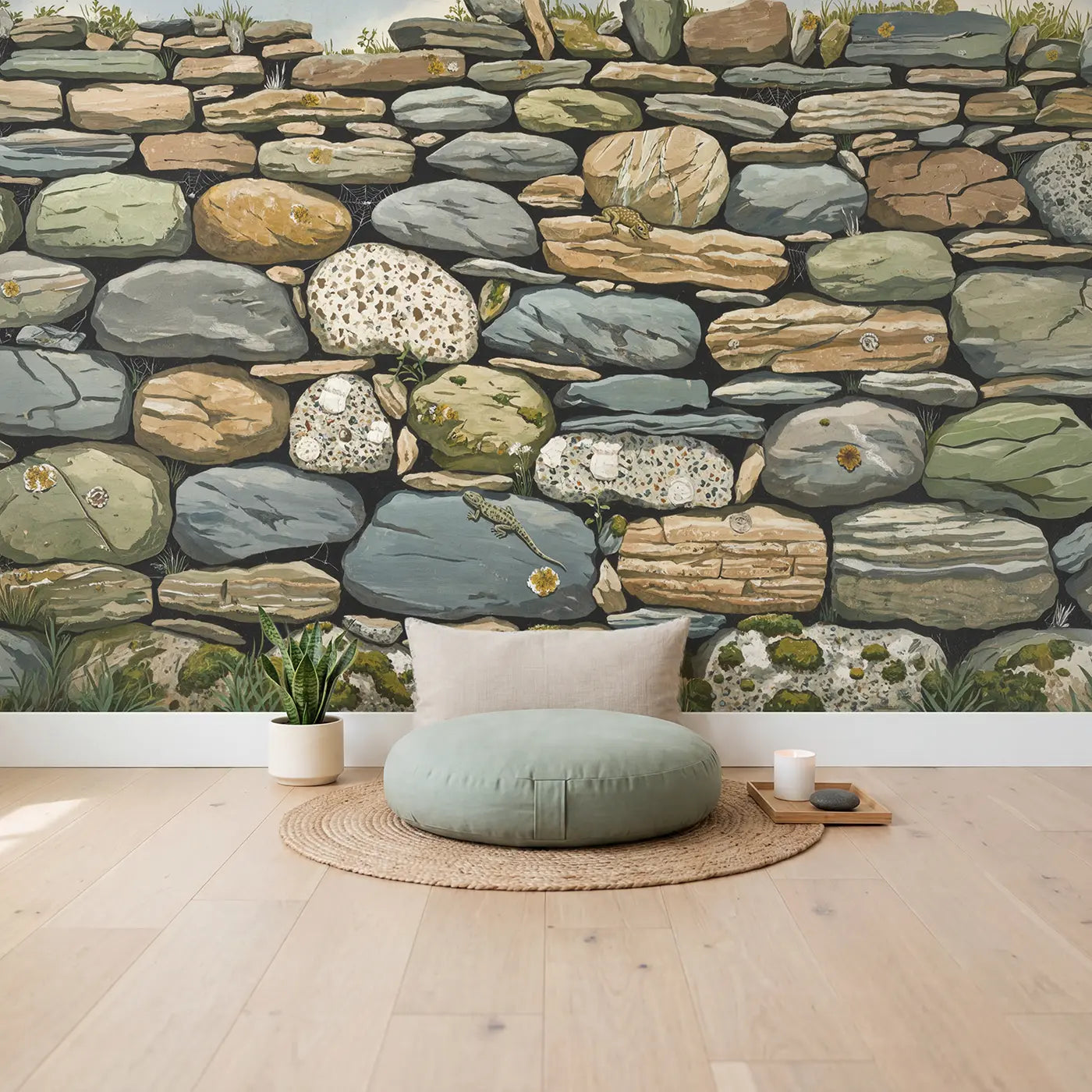 Ancient Stone Wall Geological Wallpaper Mural in playroom setting by Whimsy Tots