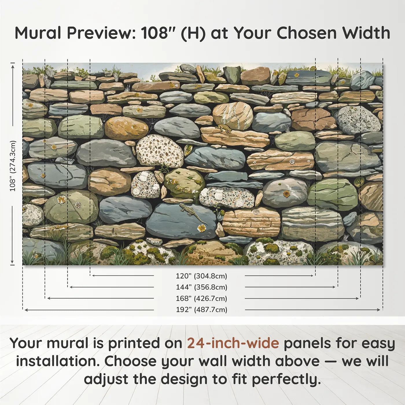 Panel layout and dimensions for Ancient Stone Wall Geological Wallpaper Mural by Whimsy Tots