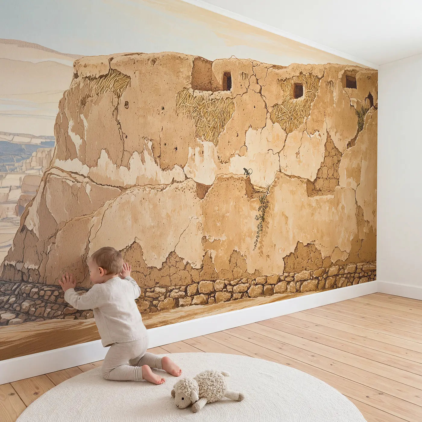 Child in nursery with Adobe Texture Earth Wall Wallpaper Mural by Whimsy Tots