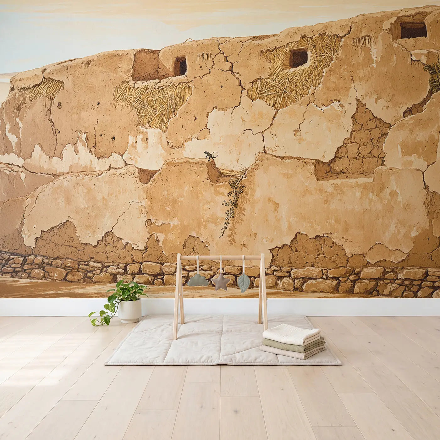 Adobe Texture Earth Wall Wallpaper Mural in playroom setting by Whimsy Tots