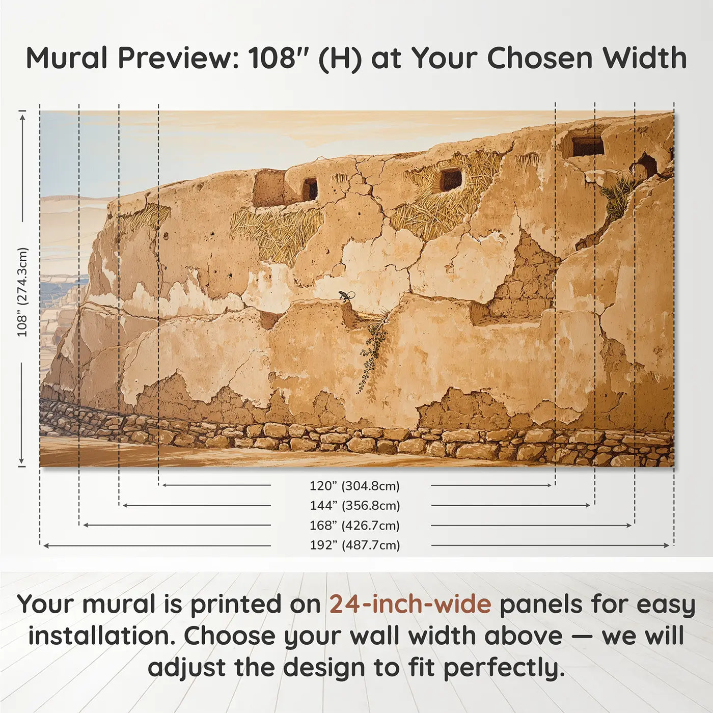 Panel layout and dimensions for Adobe Texture Earth Wall Wallpaper Mural by Whimsy Tots