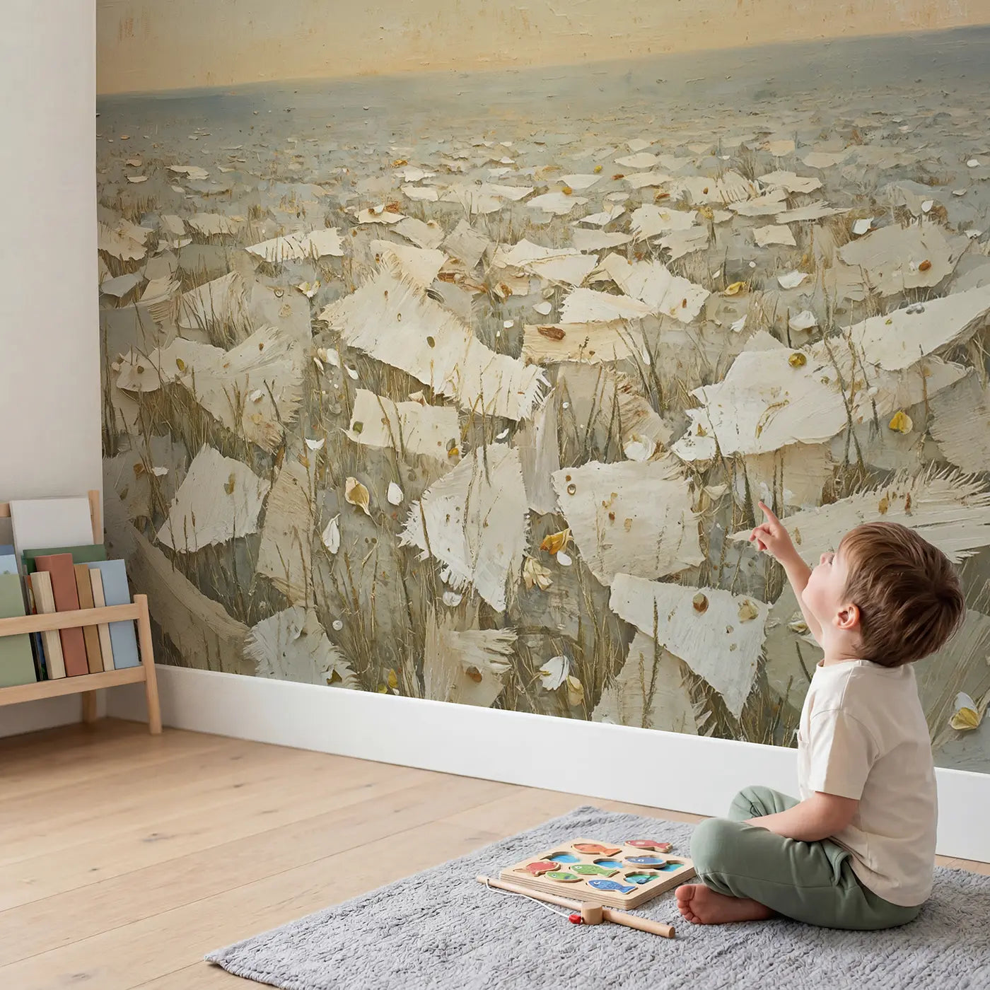Child in nursery with Handmade Paper Fiber Texture Wallpaper Mural by Whimsy Tots
