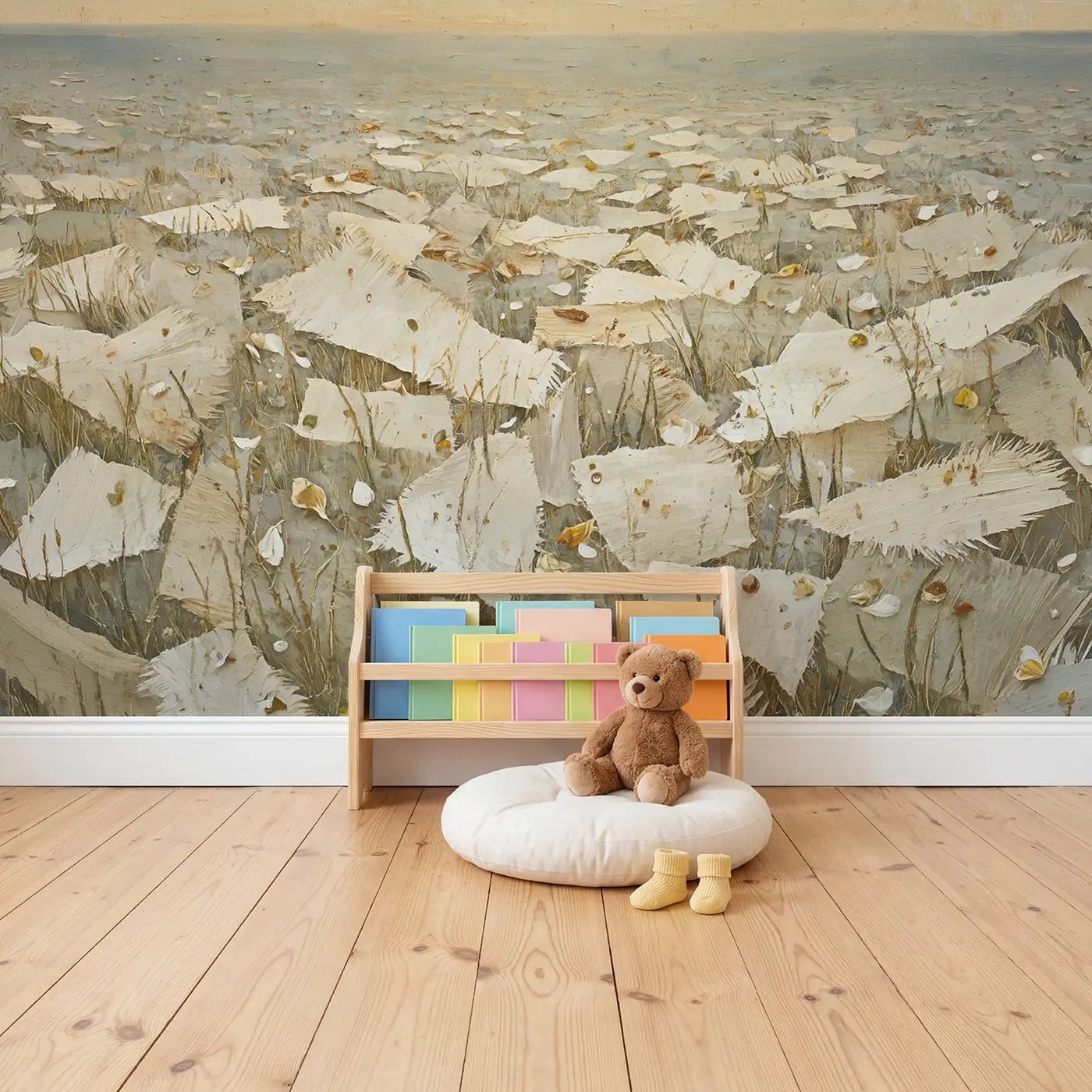 Handmade Paper Fiber Texture Wallpaper Mural in playroom setting by Whimsy Tots