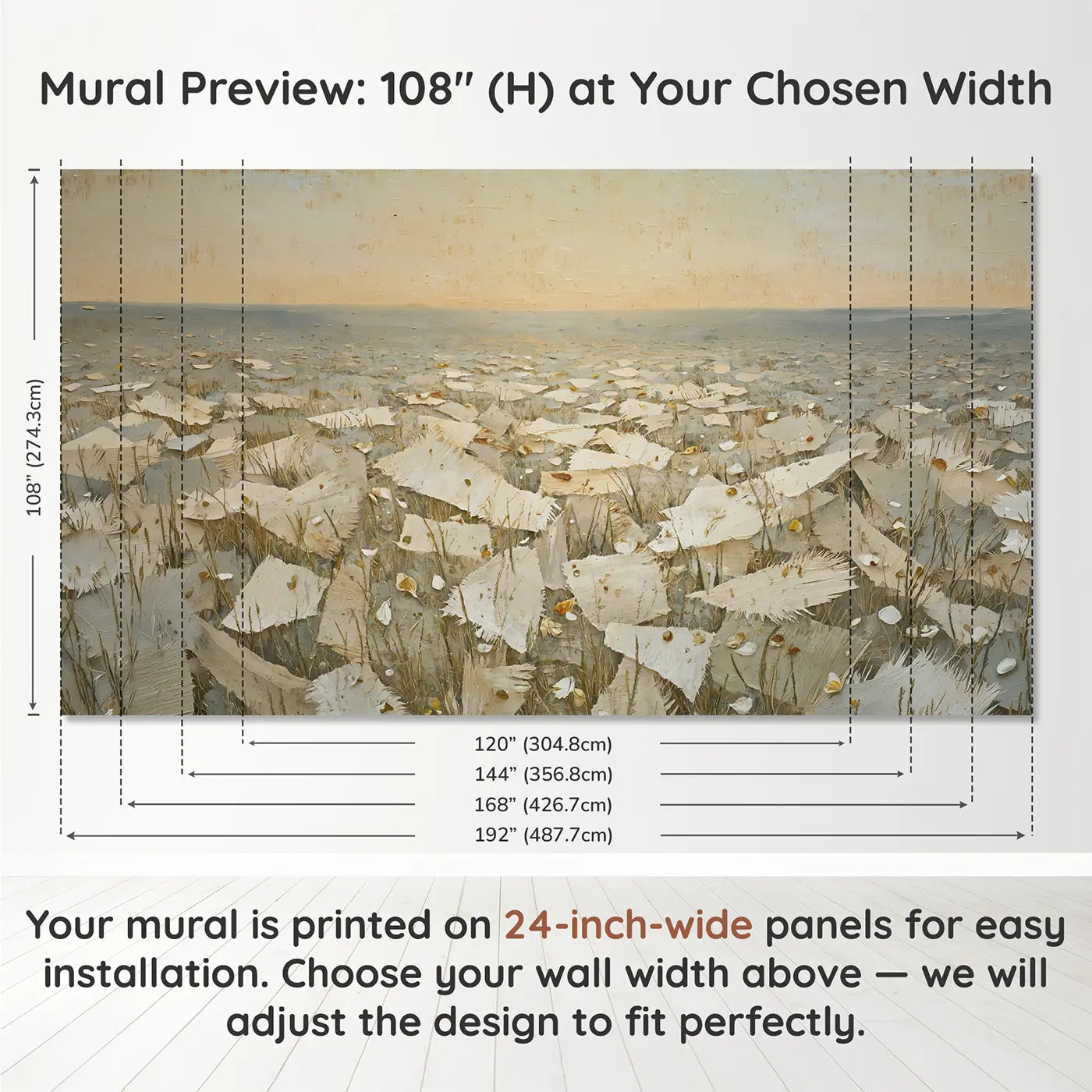 Panel layout and dimensions for Handmade Paper Fiber Texture Wallpaper Mural by Whimsy Tots