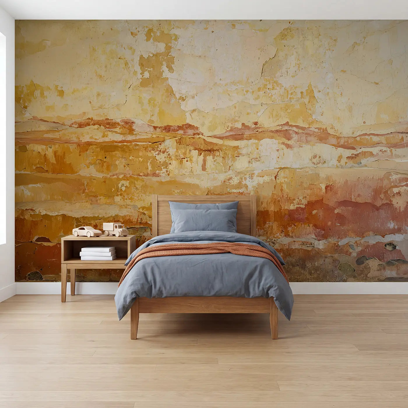Painted landscape ochre and cream fresco texture wallpaper mural for boys room by Whimsy Tots