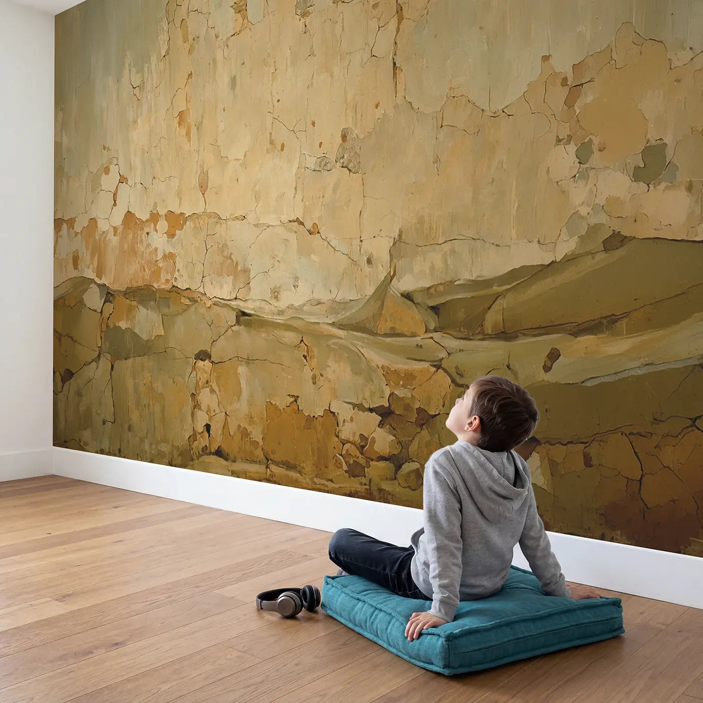 Child in nursery with Wabi-Sabi Clay Wall Wallpaper Mural by Whimsy Tots