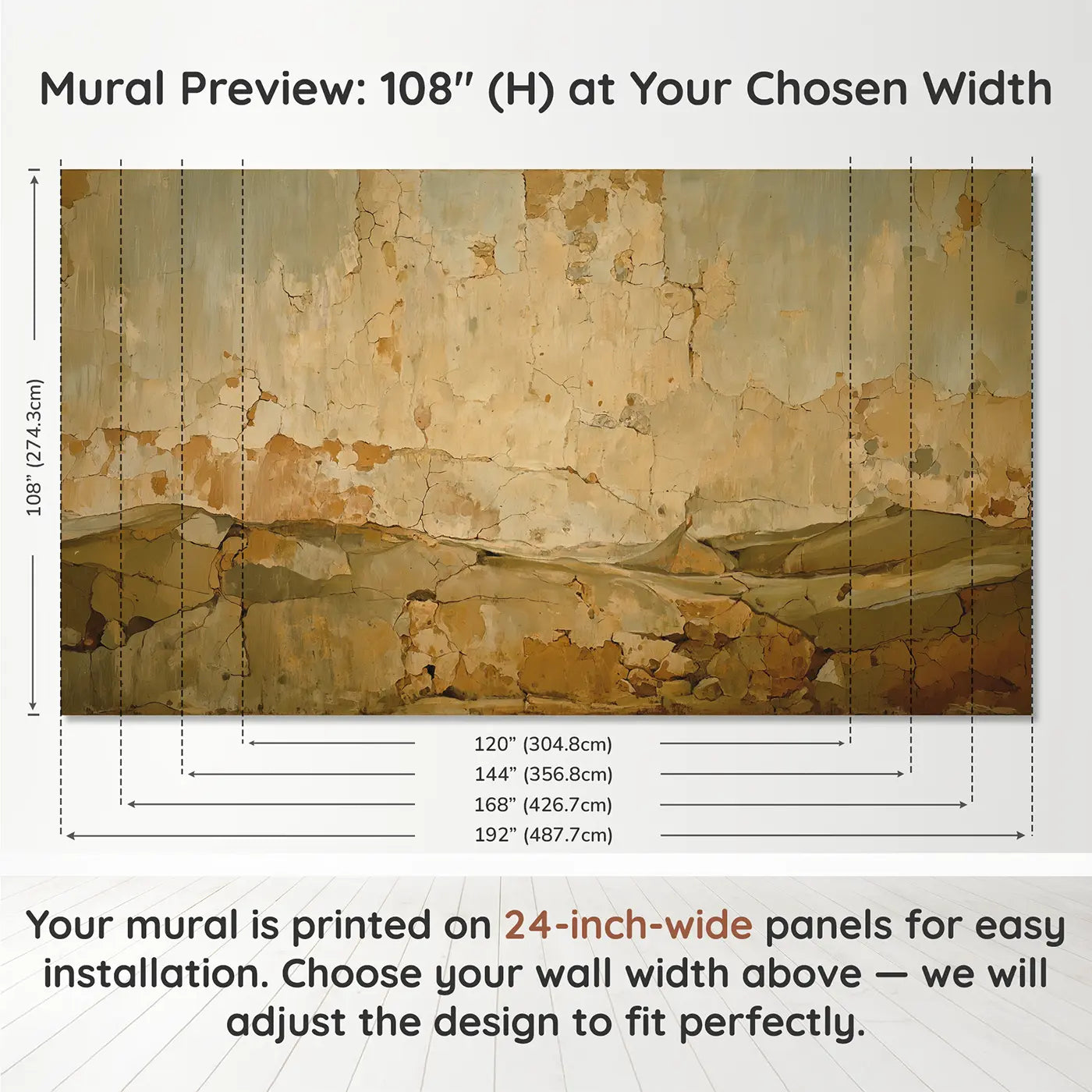 Panel layout and dimensions for Wabi-Sabi Clay Wall Wallpaper Mural by Whimsy Tots