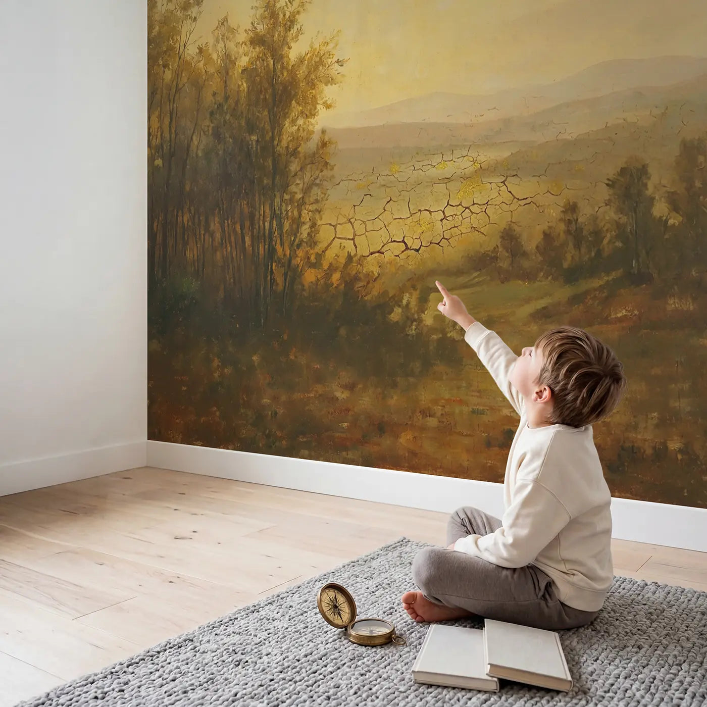 Child in nursery with Kintsugiinspired Cracked Earth Gold Wallpaper Mural by Whimsy Tots