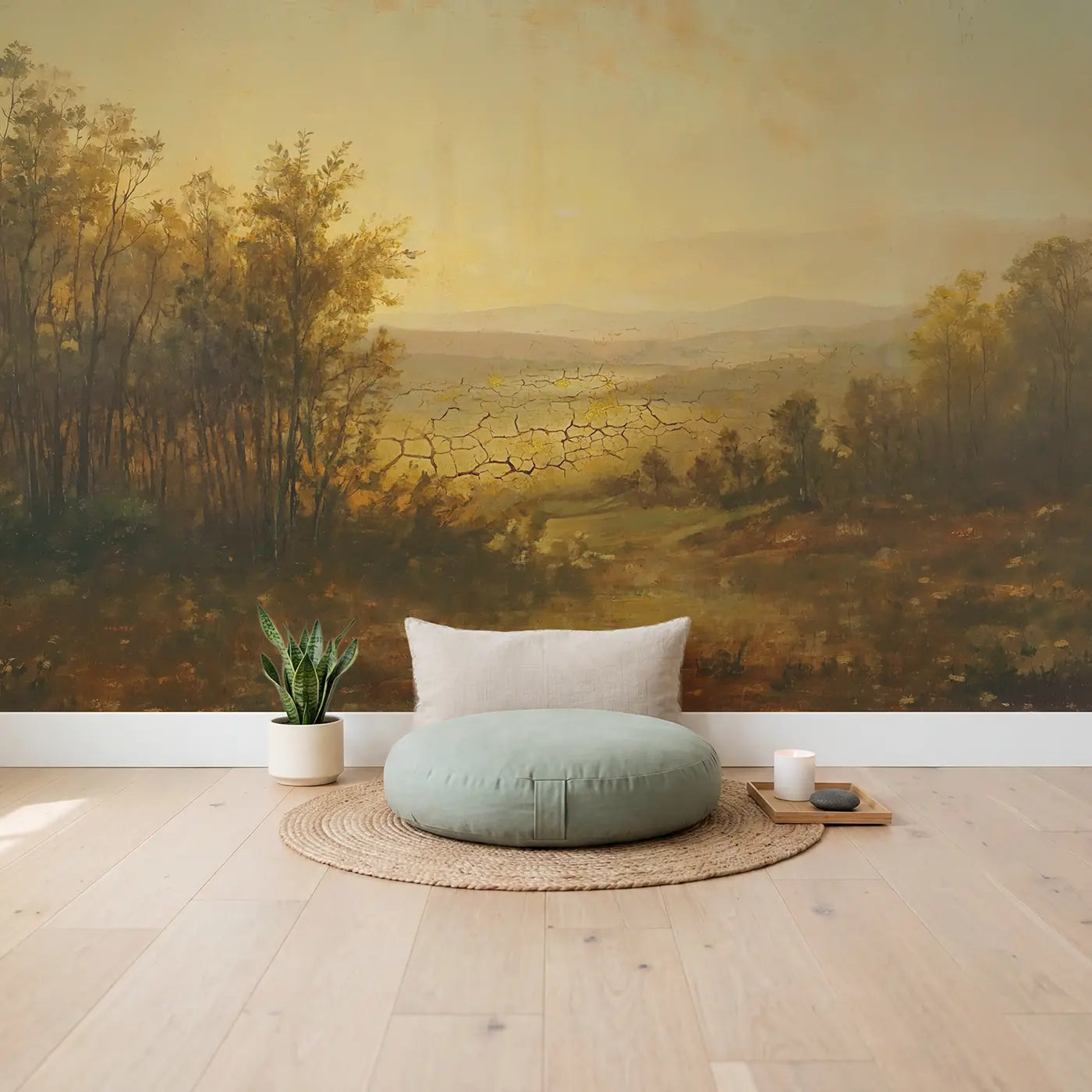 Kintsugiinspired Cracked Earth Gold Wallpaper Mural in playroom setting by Whimsy Tots