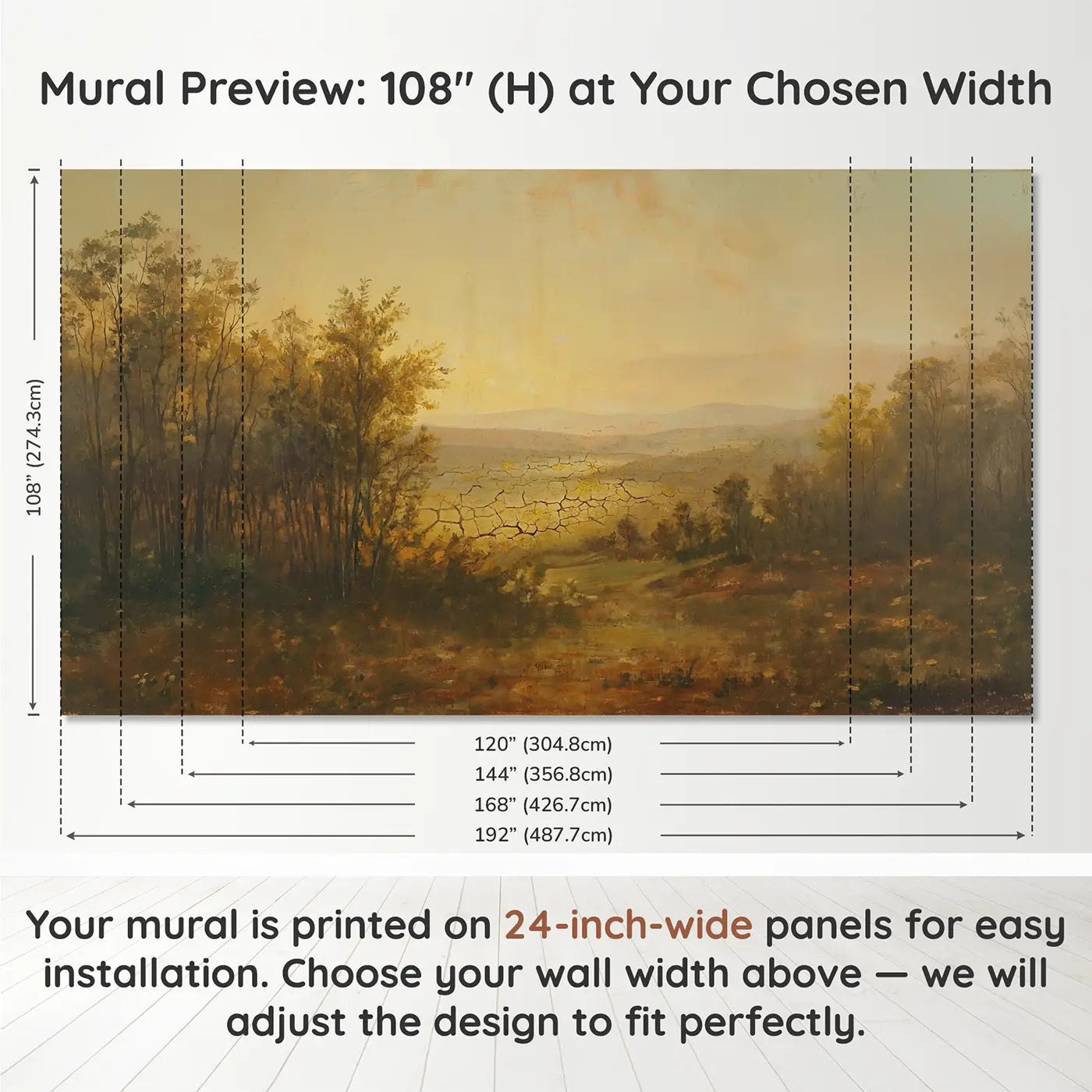 Panel layout and dimensions for Kintsugiinspired Cracked Earth Gold Wallpaper Mural by Whimsy Tots