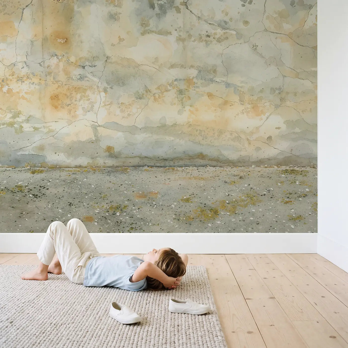 Child in nursery with Weathered Concrete Patina Texture Wallpaper Mural by Whimsy Tots