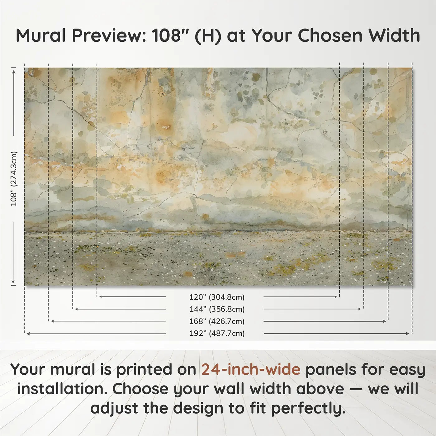 Panel layout and dimensions for Weathered Concrete Patina Texture Wallpaper Mural by Whimsy Tots