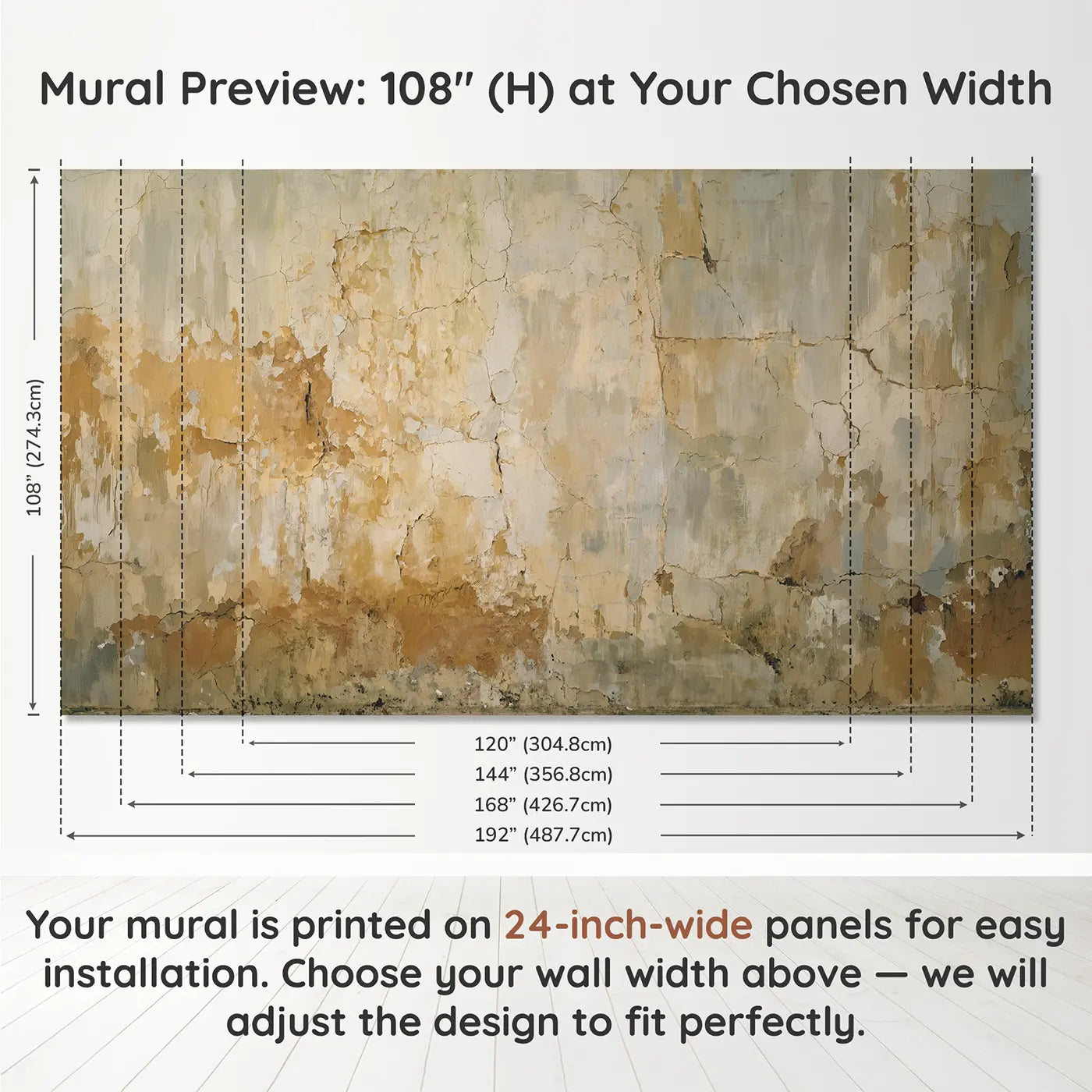 Panel layout and dimensions for Mediterranean Plaster Wall Wallpaper Mural by Whimsy Tots