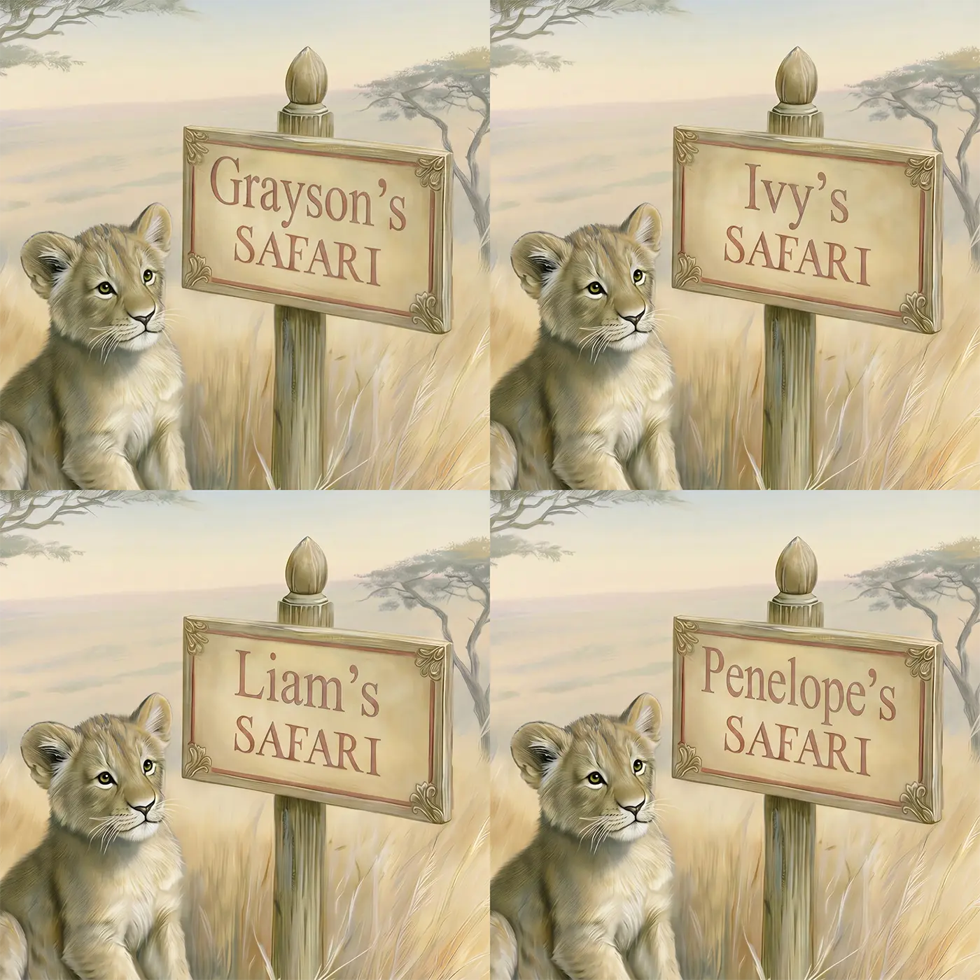 Four name preview examples of Lion Cub Safari Personalized Wall Mural by Whimsy Tots