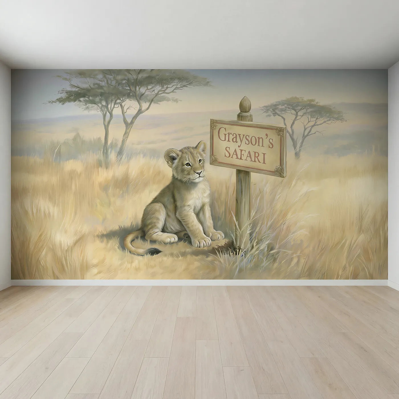 Full view of Lion Cub Safari Personalized Wall Mural by Whimsy Tots