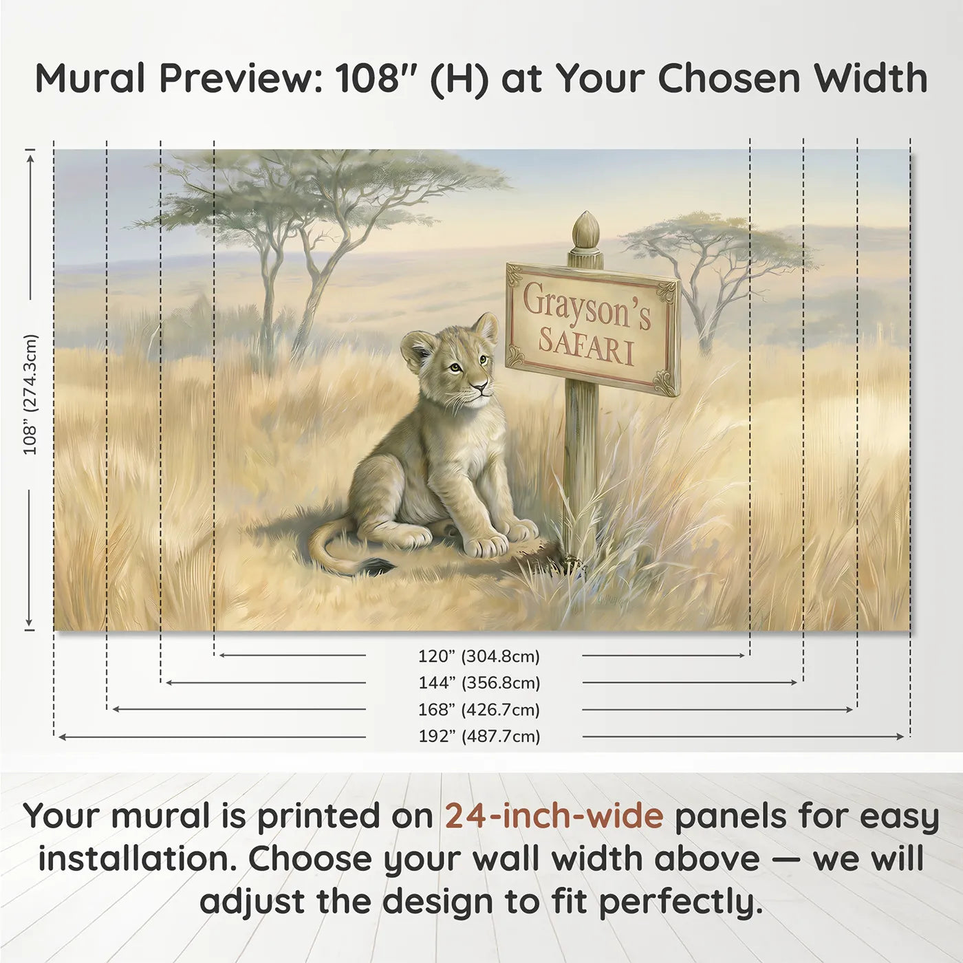 Panel layout and dimensions for Lion Cub Safari Personalized Wall Mural by Whimsy Tots