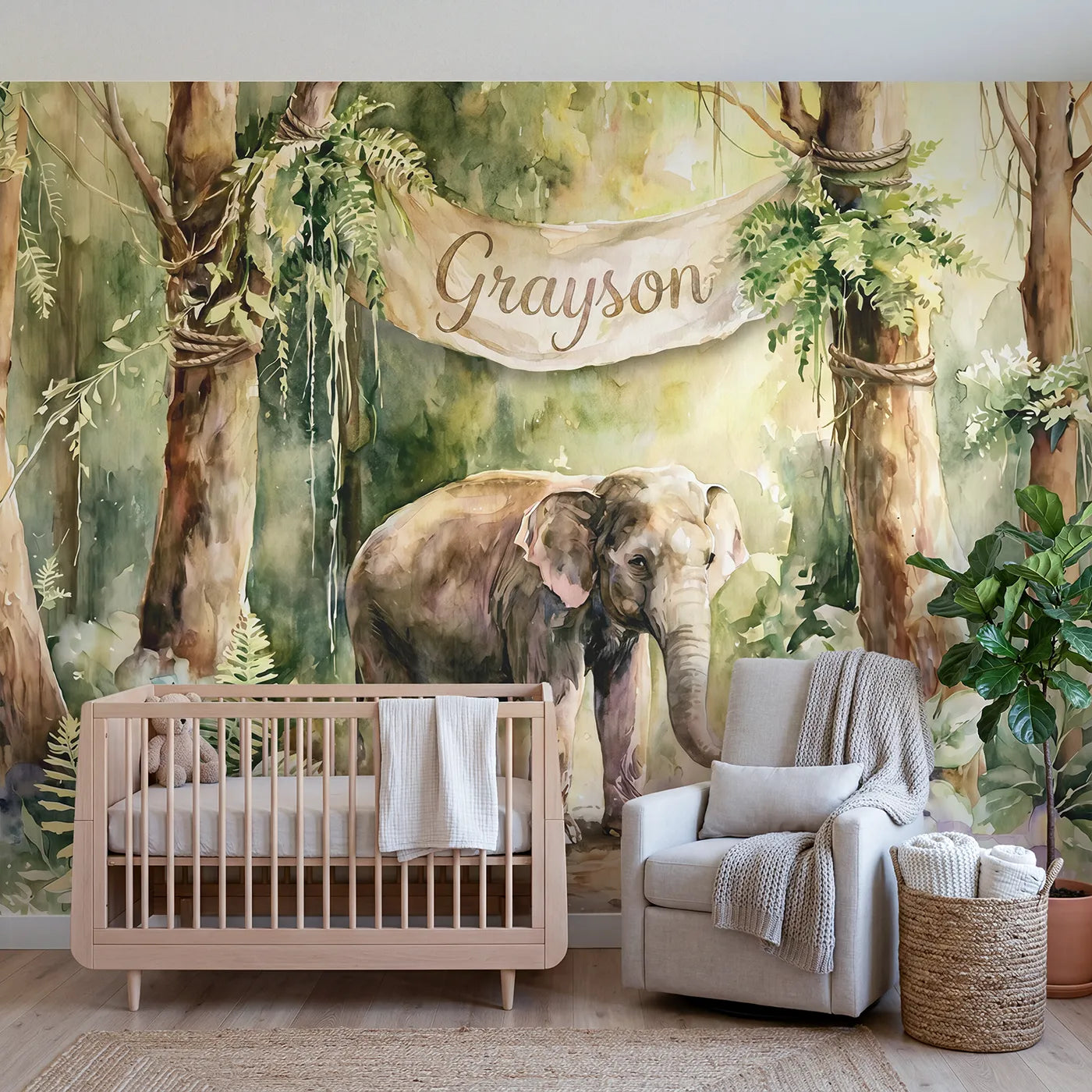 Watercolor elephant jungle personalized wall mural with name banner for nursery by Whimsy Tots