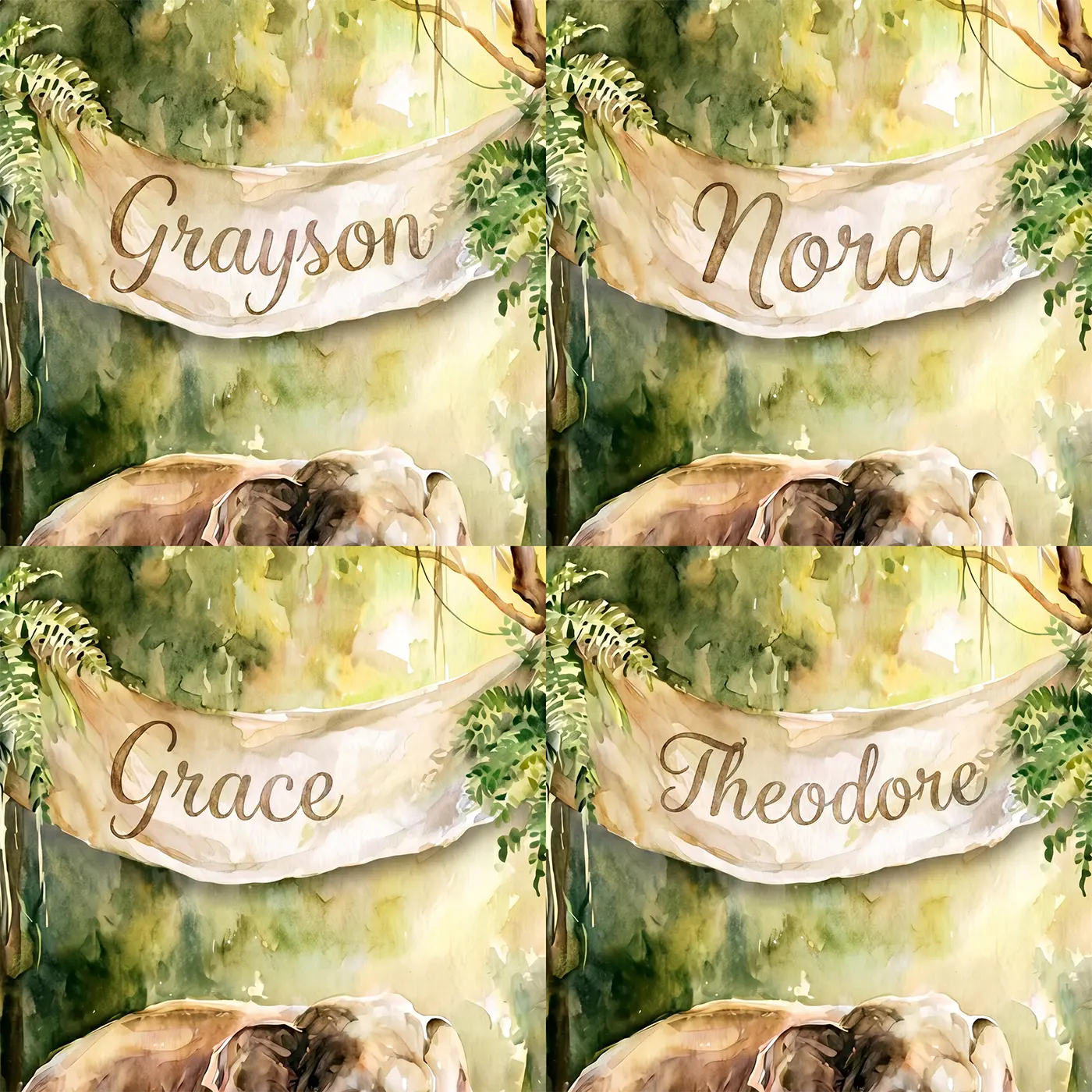 Four name preview examples of Elephant Jungle Clearing Personalized Wall Mural by Whimsy Tots