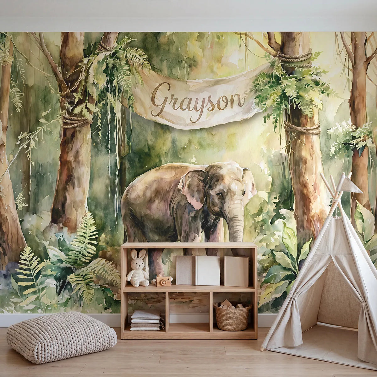 Elephant Jungle Clearing Personalized Wall Mural in playroom setting by Whimsy Tots