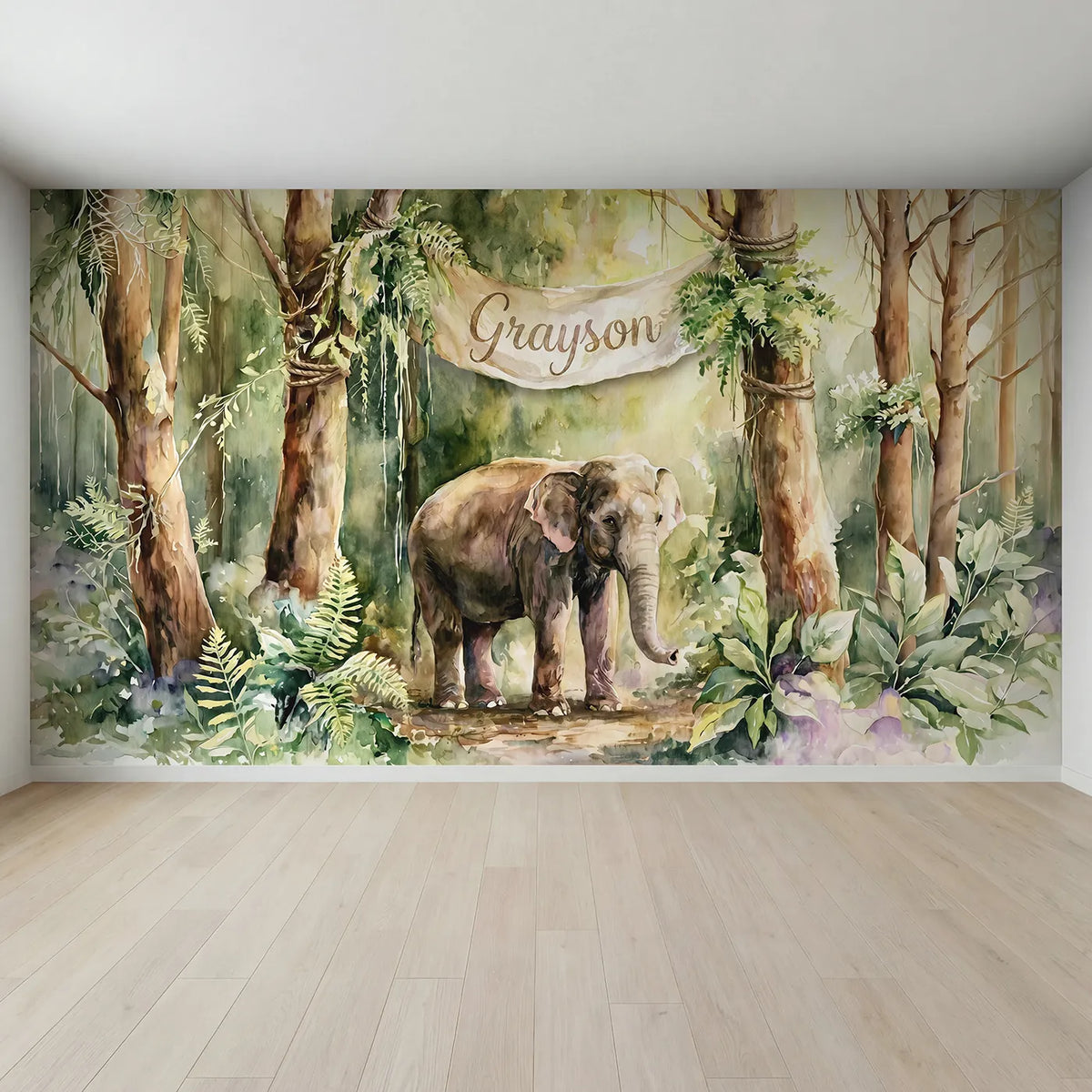 Full view of Elephant Jungle Clearing Personalized Wall Mural by Whimsy Tots