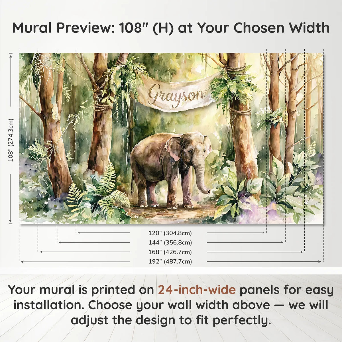 Panel layout and dimensions for Elephant Jungle Clearing Personalized Wall Mural by Whimsy Tots