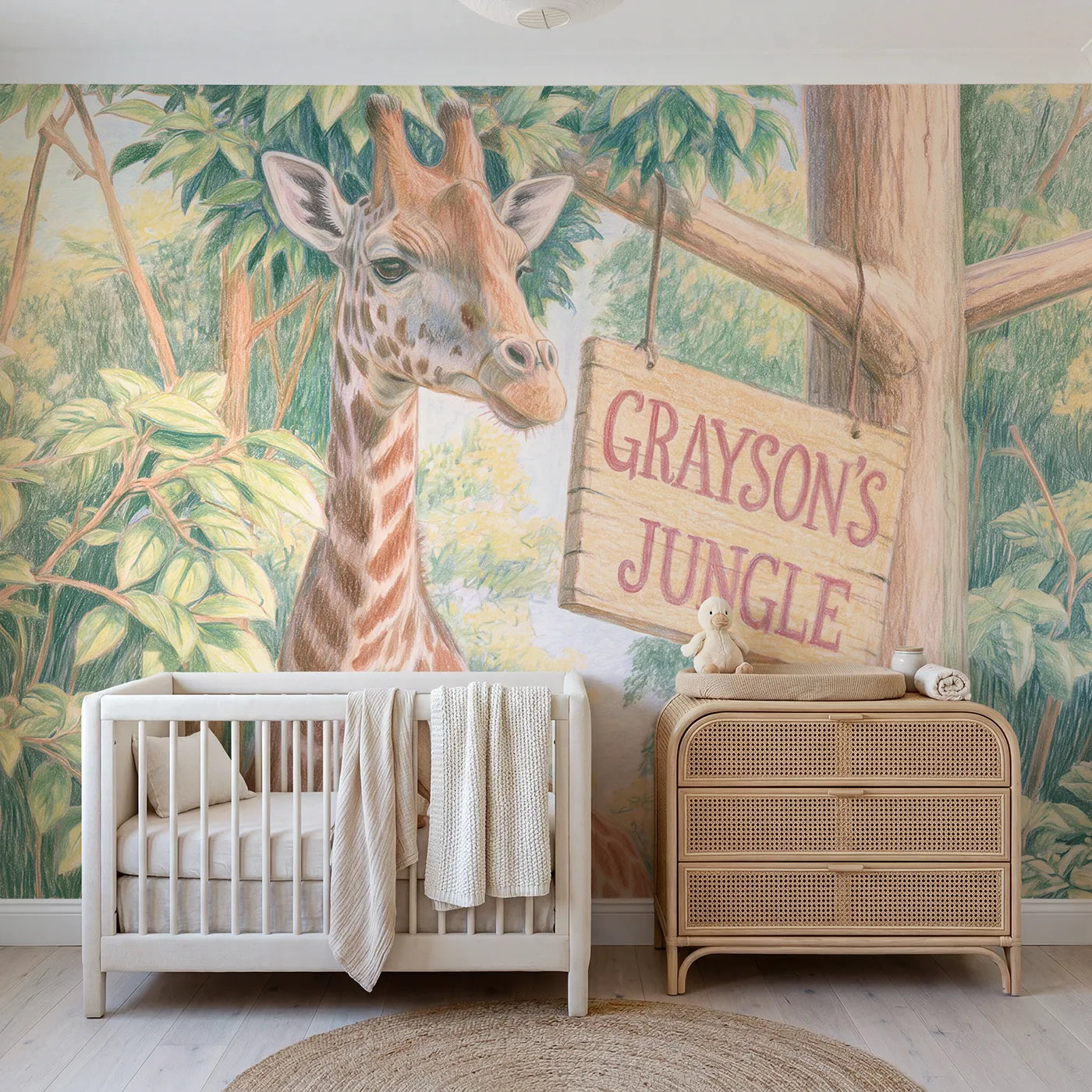 Colored pencil giraffe personalized wall mural with name sign for toddler room by Whimsy Tots
