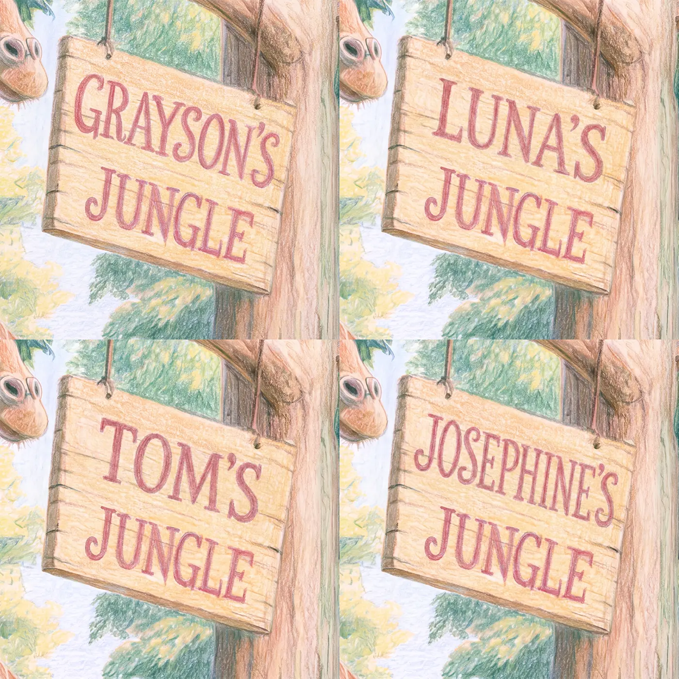 Four name preview examples of Tall Giraffe Jungle Personalized Wall Mural by Whimsy Tots