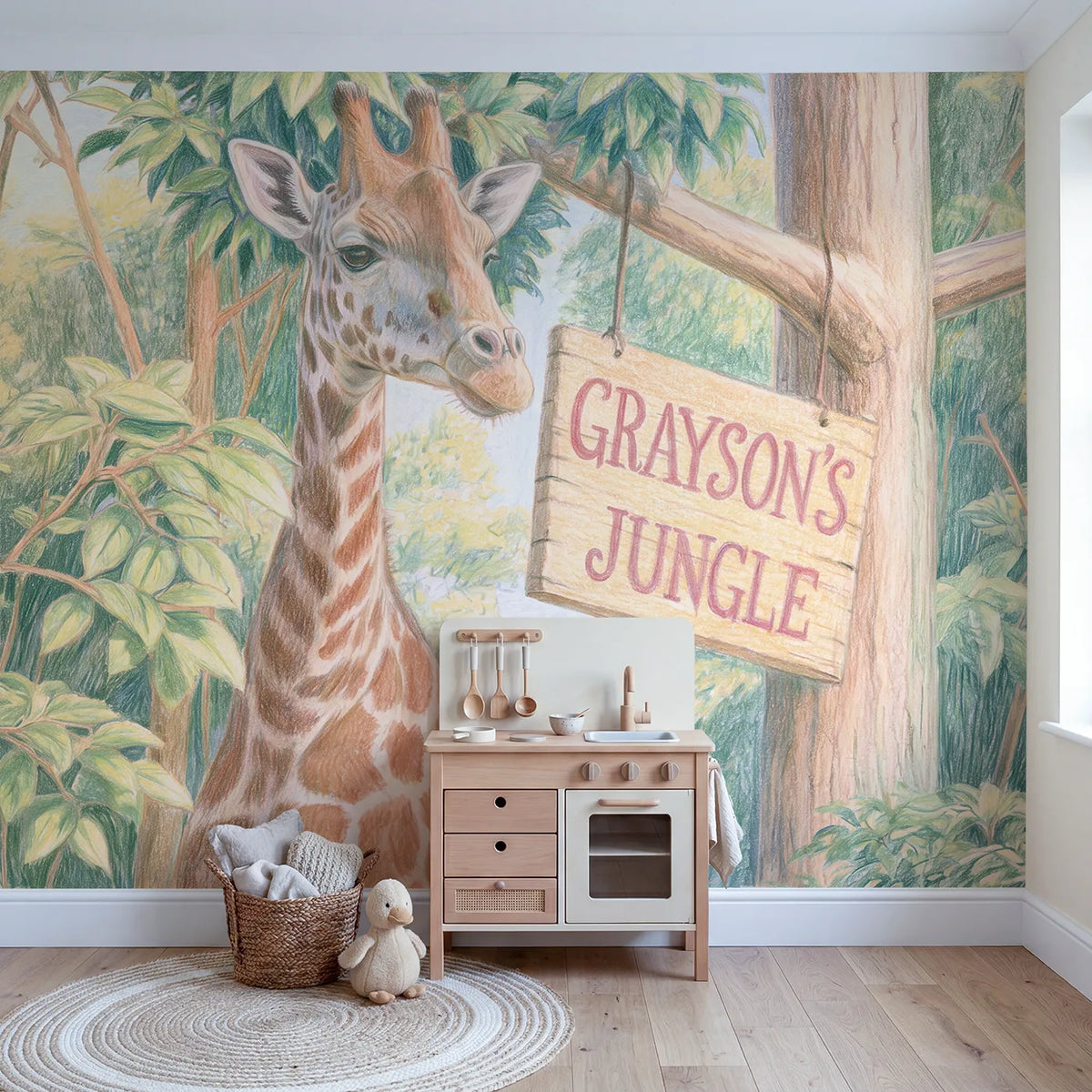 Tall Giraffe Jungle Personalized Wall Mural in playroom setting by Whimsy Tots