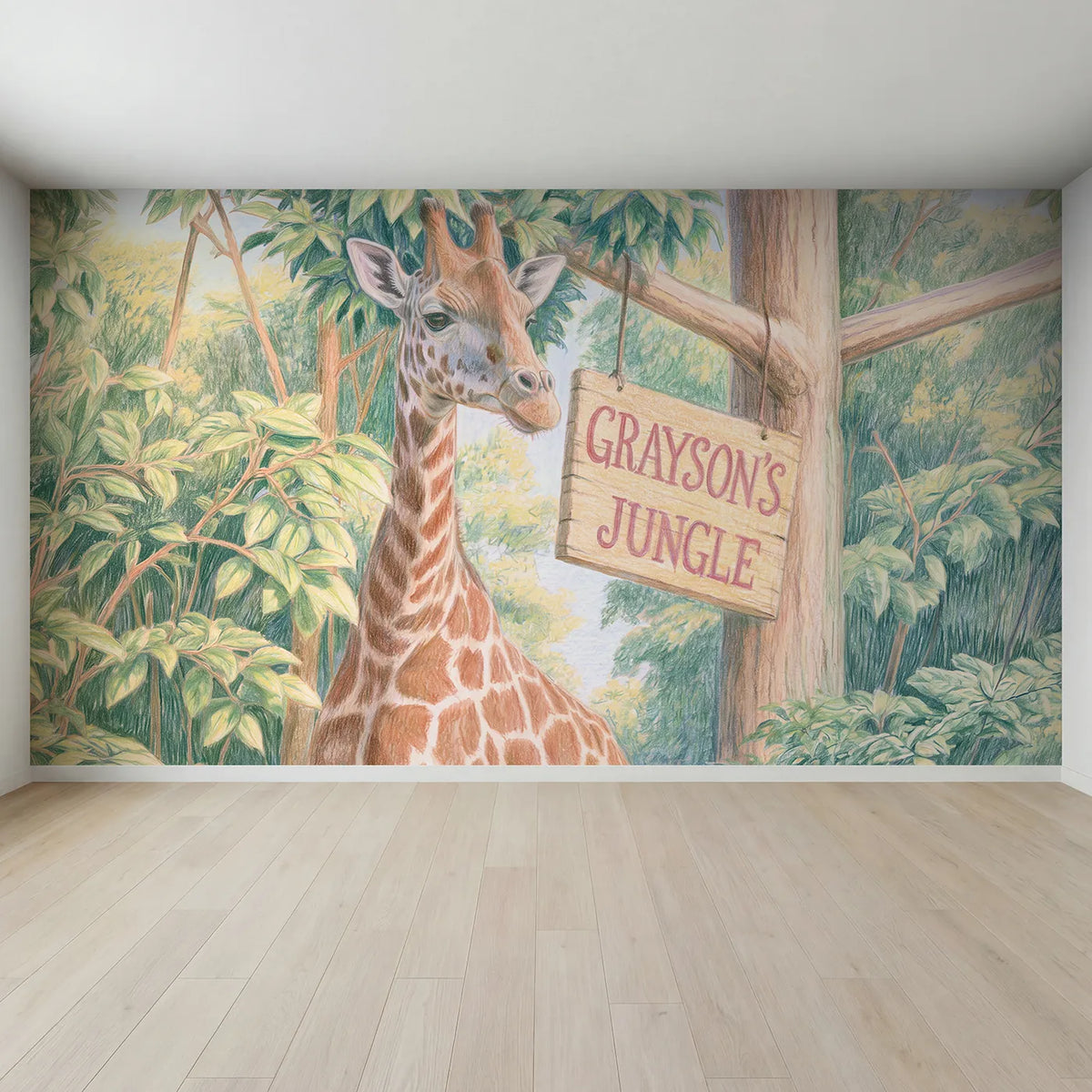 Full view of Tall Giraffe Jungle Personalized Wall Mural by Whimsy Tots