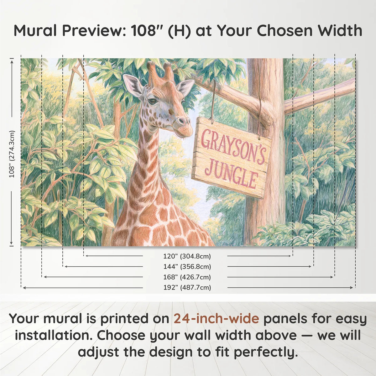 Panel layout and dimensions for Tall Giraffe Jungle Personalized Wall Mural by Whimsy Tots
