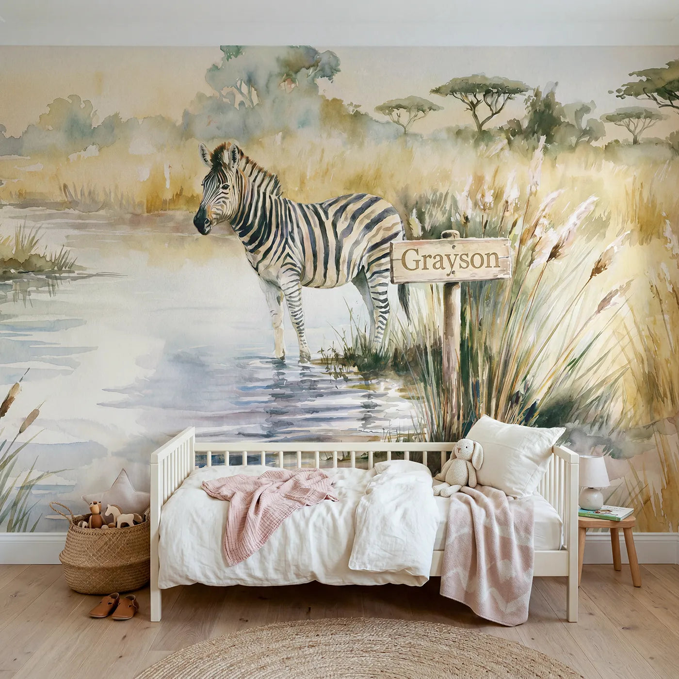 Watercolor zebra personalized wall mural with name signpost for playroom by Whimsy Tots