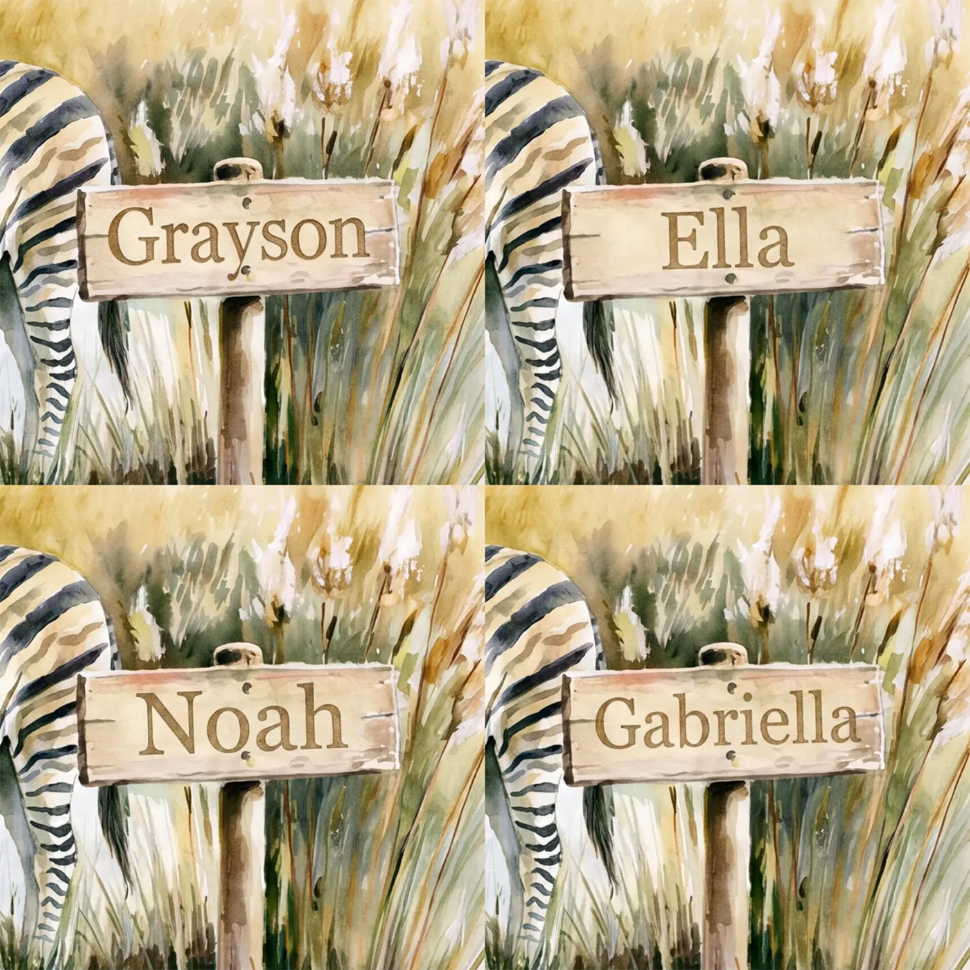 Four name preview examples of Zebra Watering Hole Personalized Wall Mural by Whimsy Tots